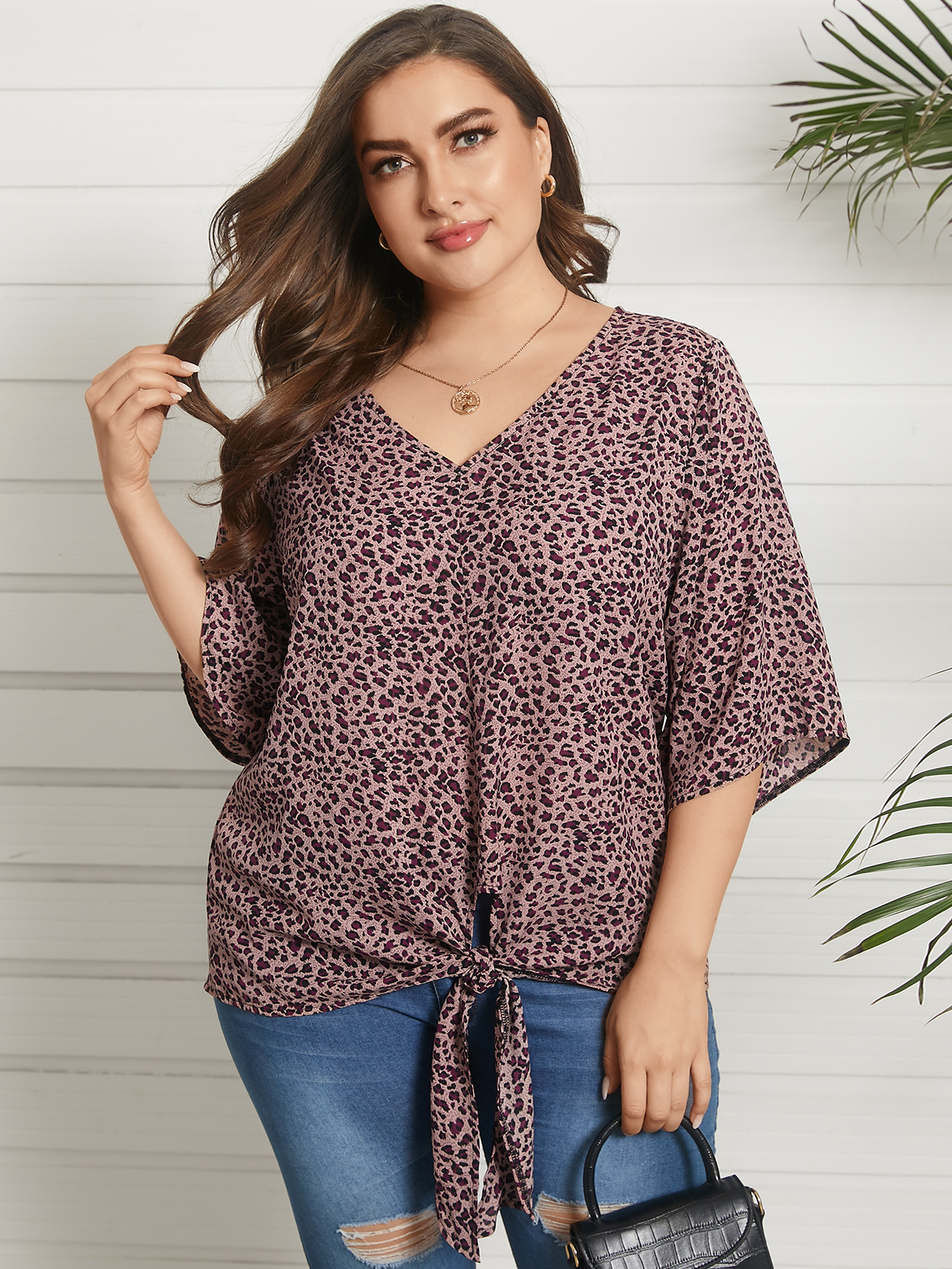 Plus Size Bluse mit V-Ausschnitt und Leopardenmuster zum Binden mit halben günstig online kaufen