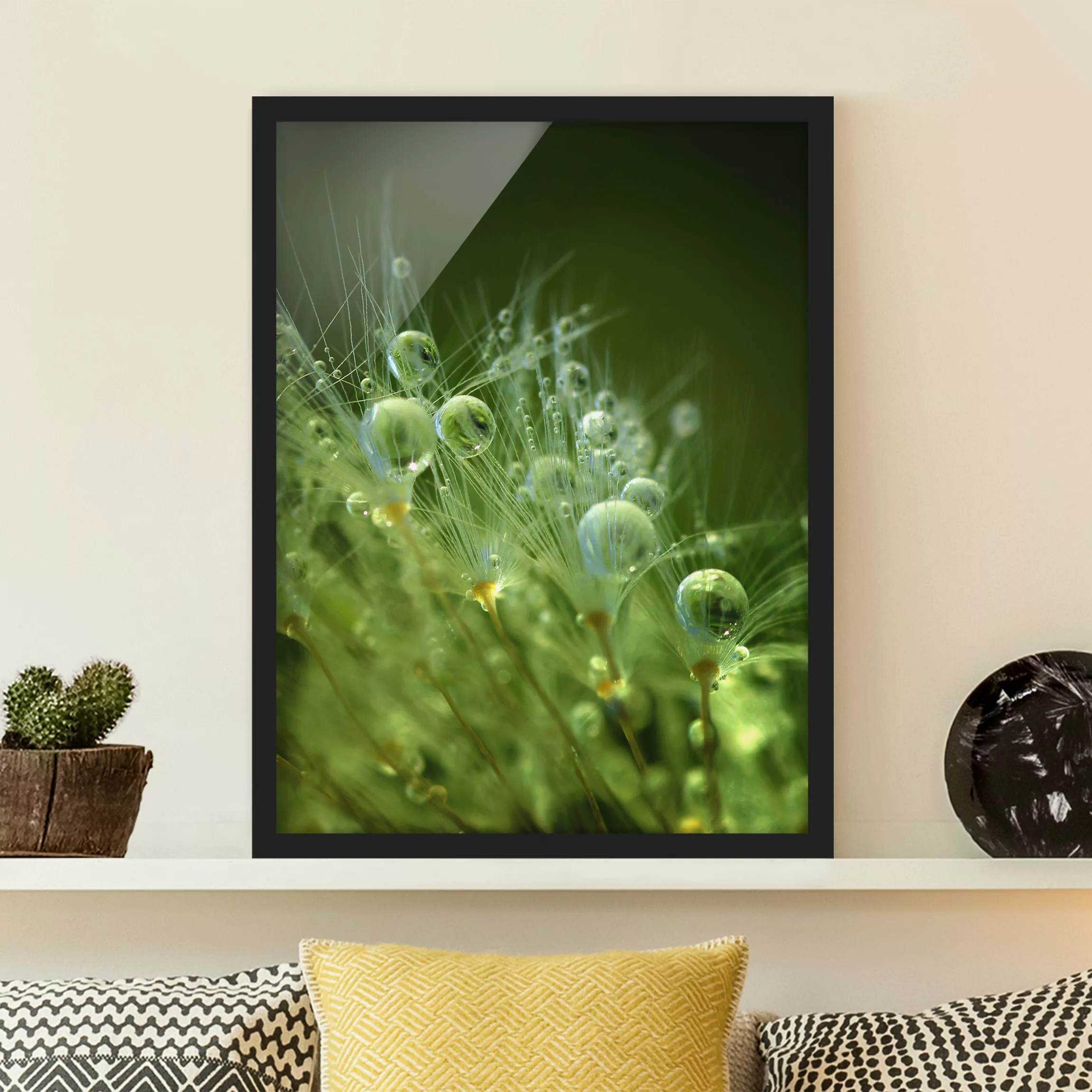 Bild mit Rahmen Blumen - Hochformat Grüne Samen im Regen günstig online kaufen