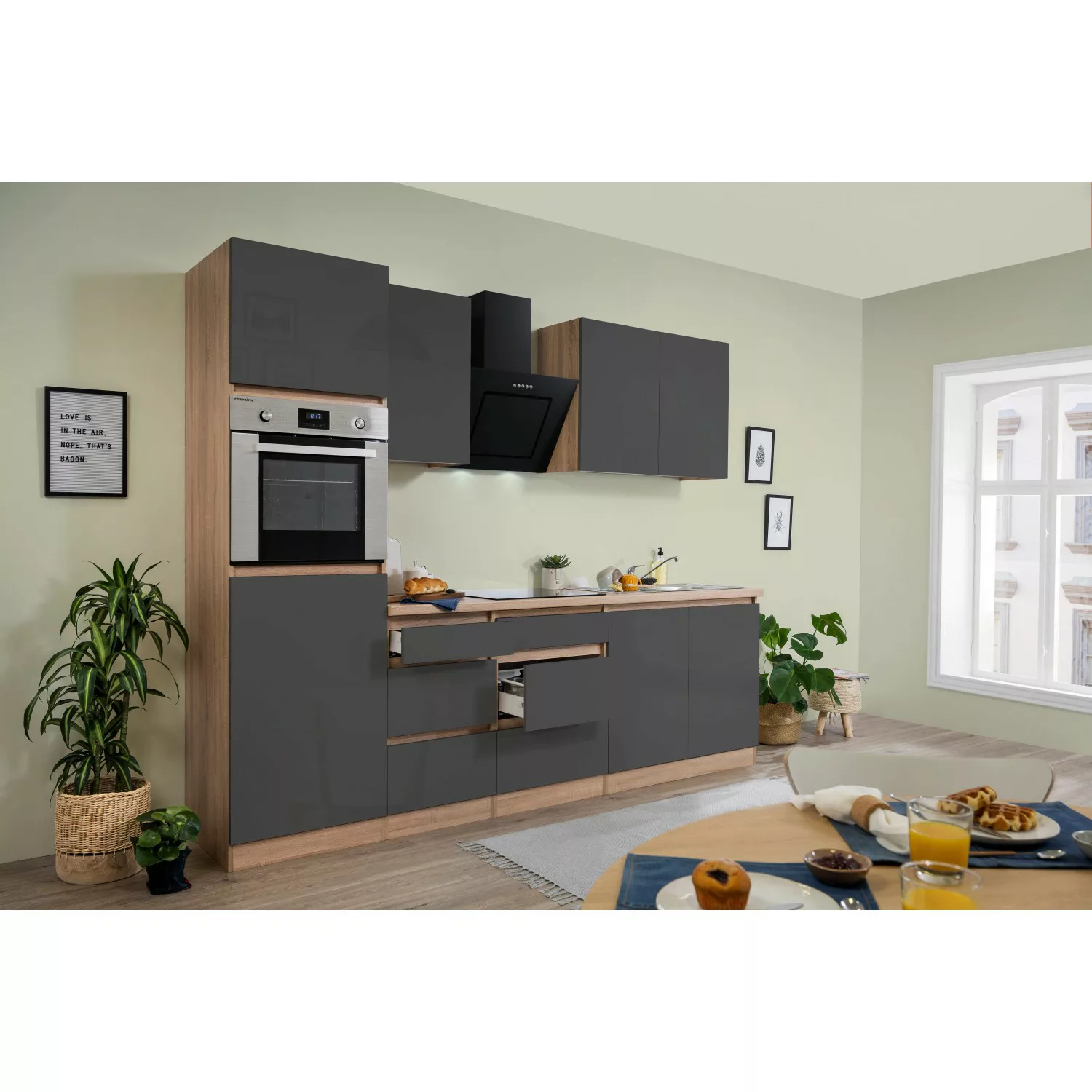 Respekta Küchenzeile GLRP270HESG Grifflos 270 cm Grau Hochglanz-Sonoma Eich günstig online kaufen