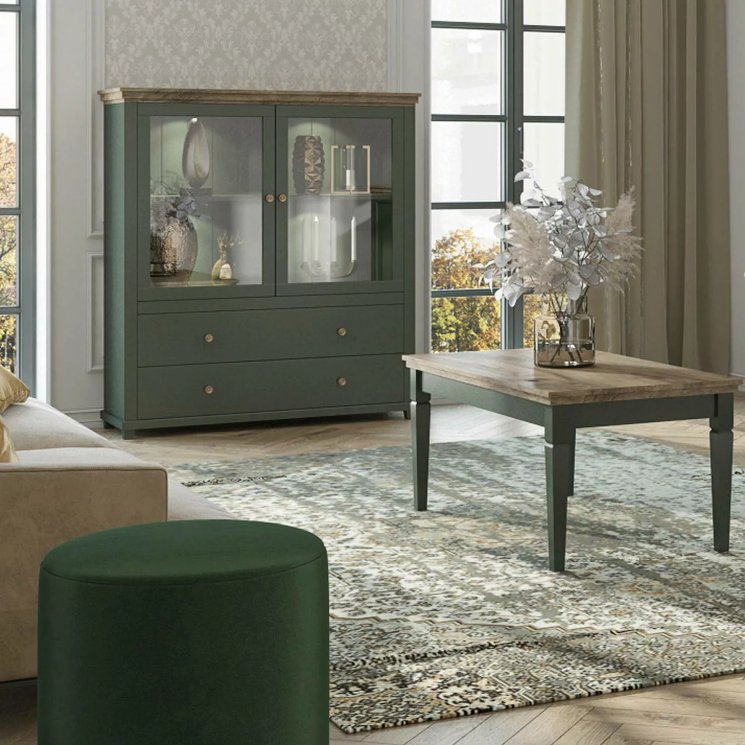 Wohnzimmer Möbel Set Epsom-83 Couchtisch und Vitrine in grün mit Lefkas Eic günstig online kaufen