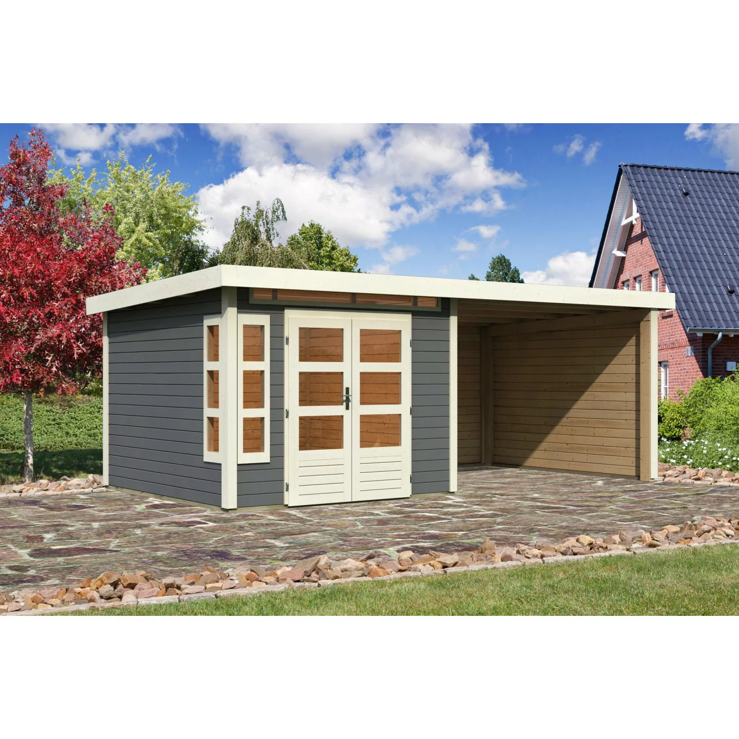 Karibu Holz-Gartenhaus/Gerätehaus Kastberg Terragrau Flachdach Lackiert 270 günstig online kaufen