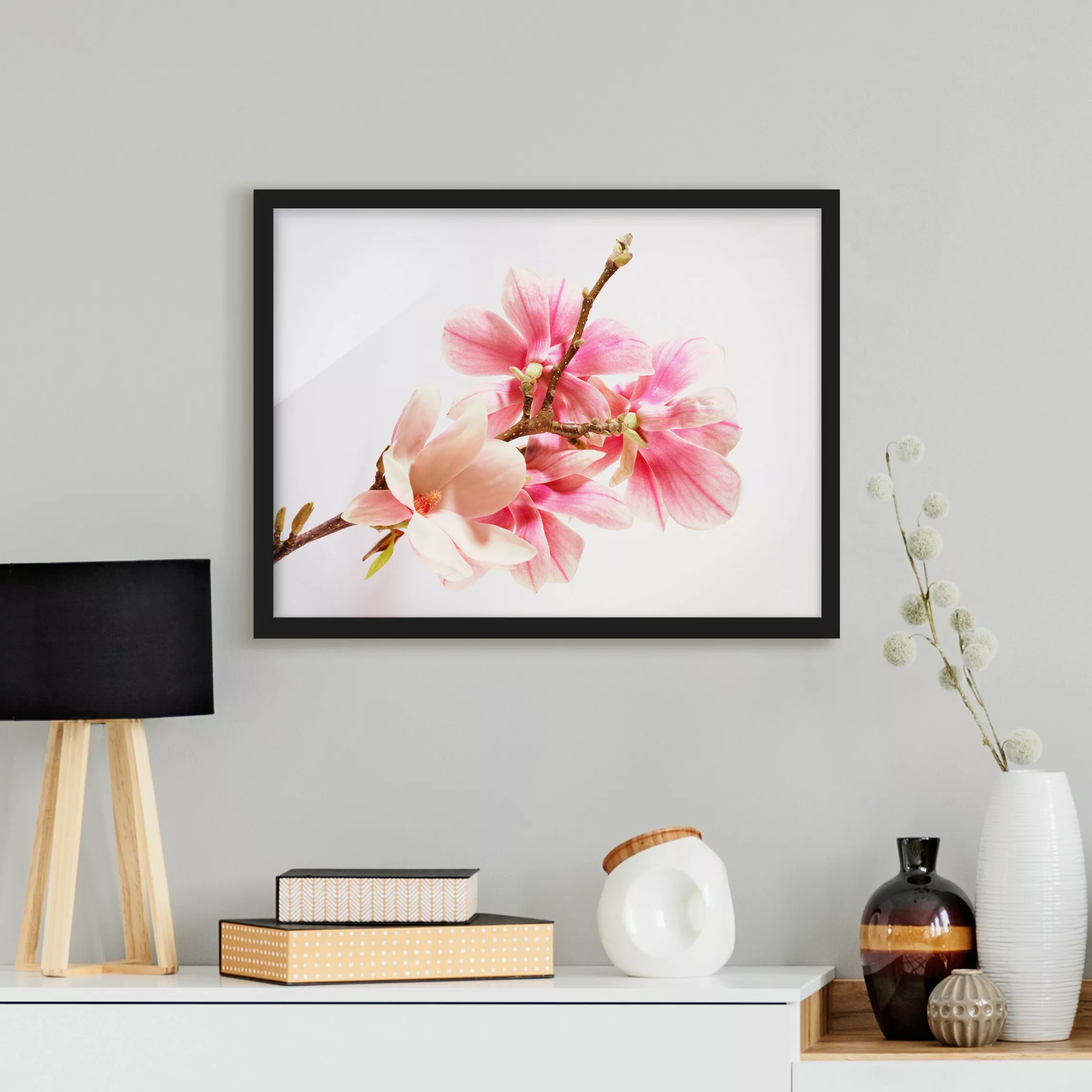 Bild mit Rahmen Küche - Querformat Magnolienblüten günstig online kaufen