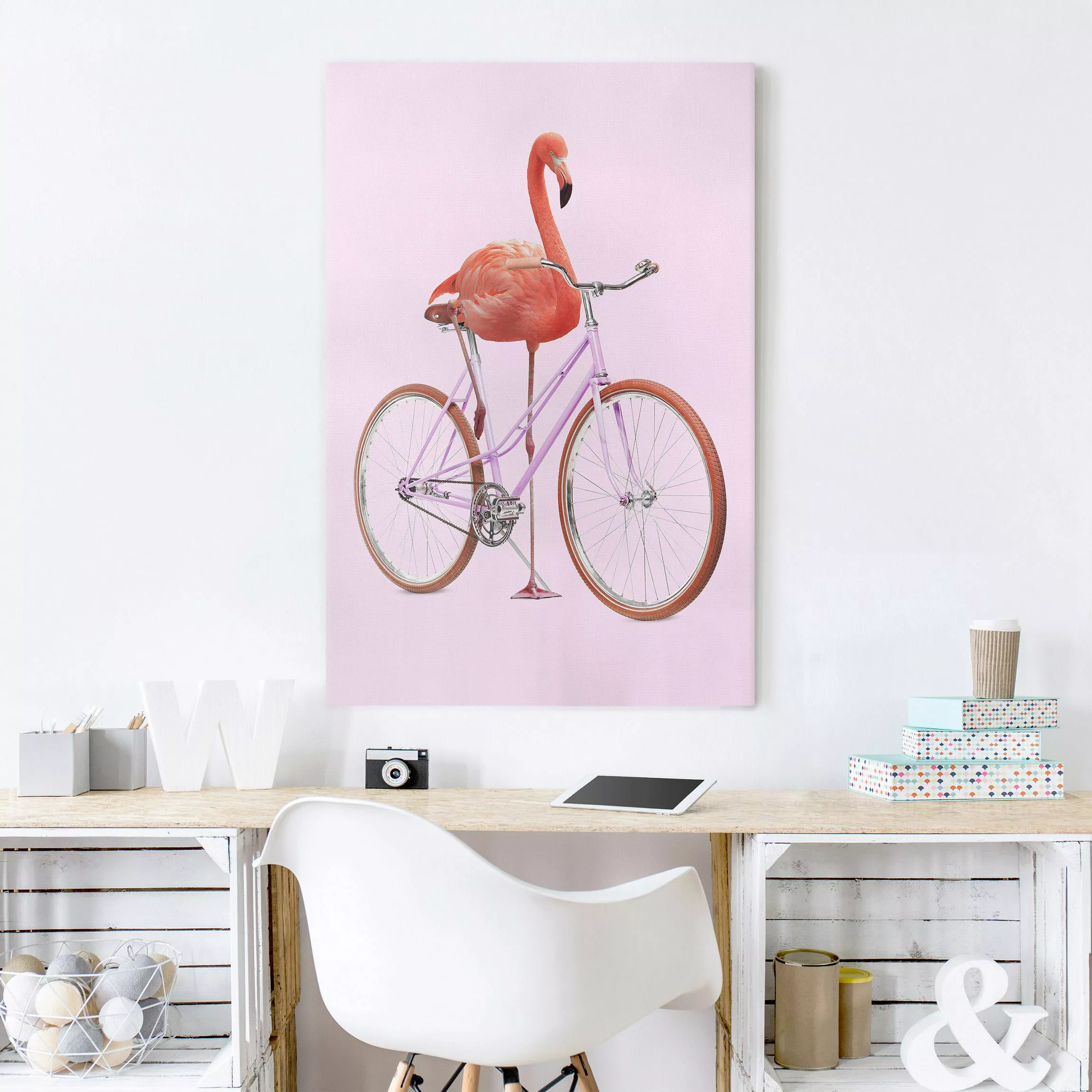 Leinwandbild Flamingo mit Fahrrad günstig online kaufen