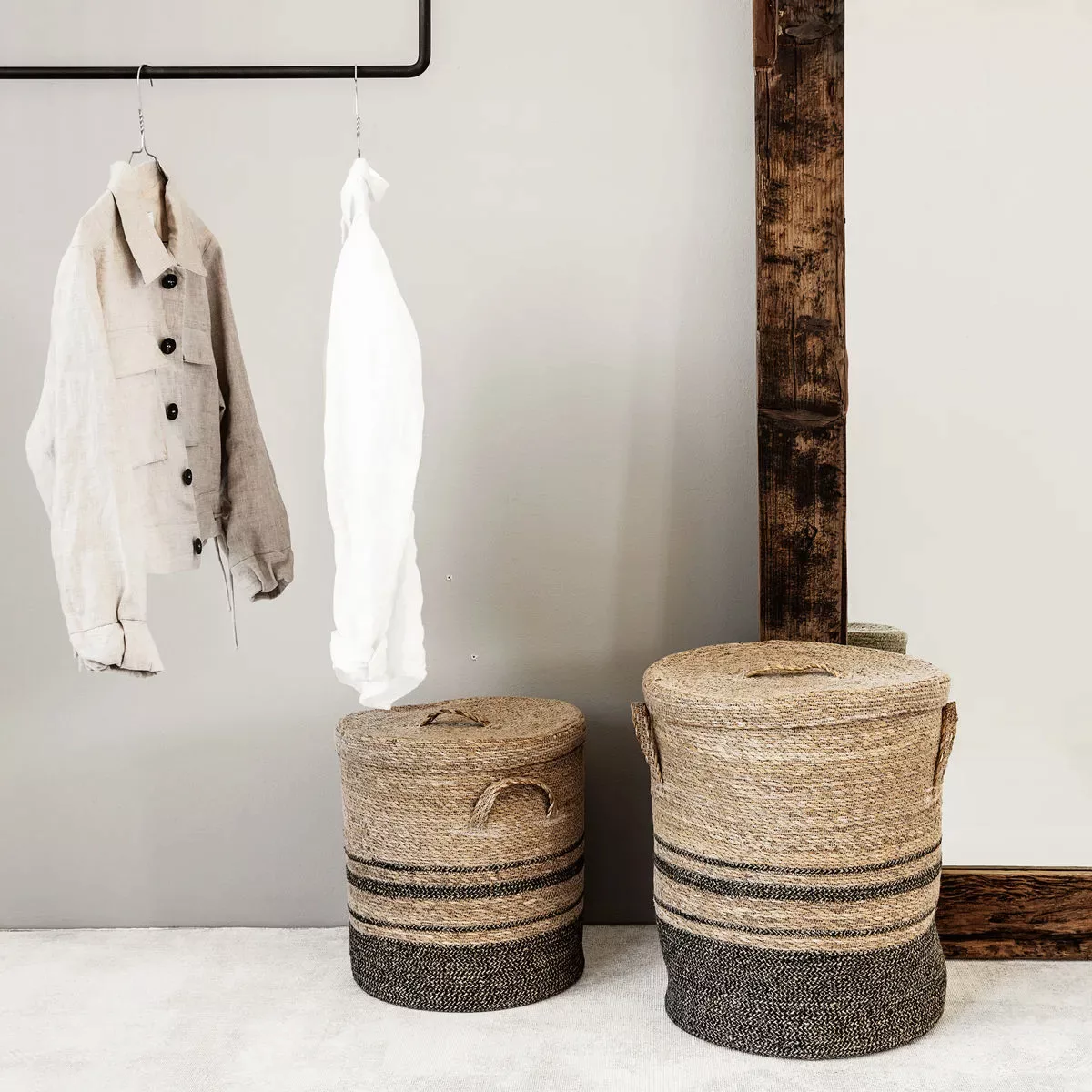 2er Set Aufbewahrungskörbe Laundry mit Deckel aus Seegras günstig online kaufen