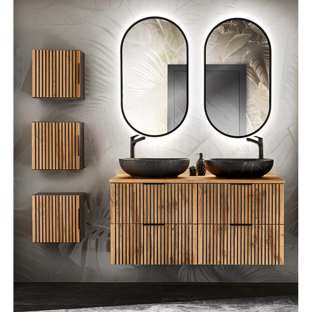Badezimmer Set mit Hängeschränken, Aufsatzbecken, LED-Spiegel XANTEN-56 in günstig online kaufen