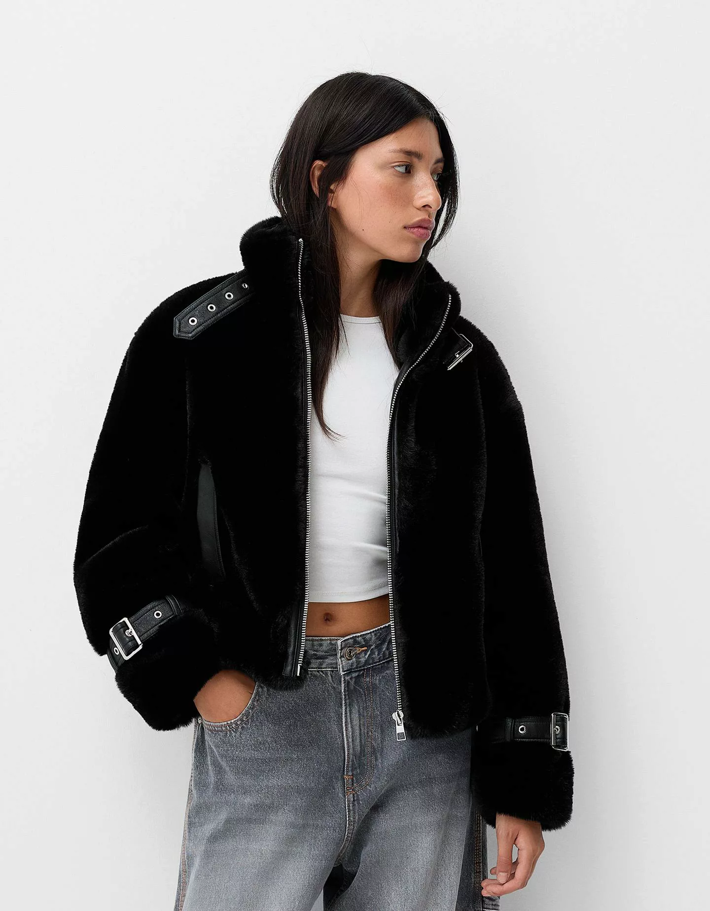 Bershka Jacke Aus Plüsch Mit Stehkragen Damen Xs Schwarz günstig online kaufen