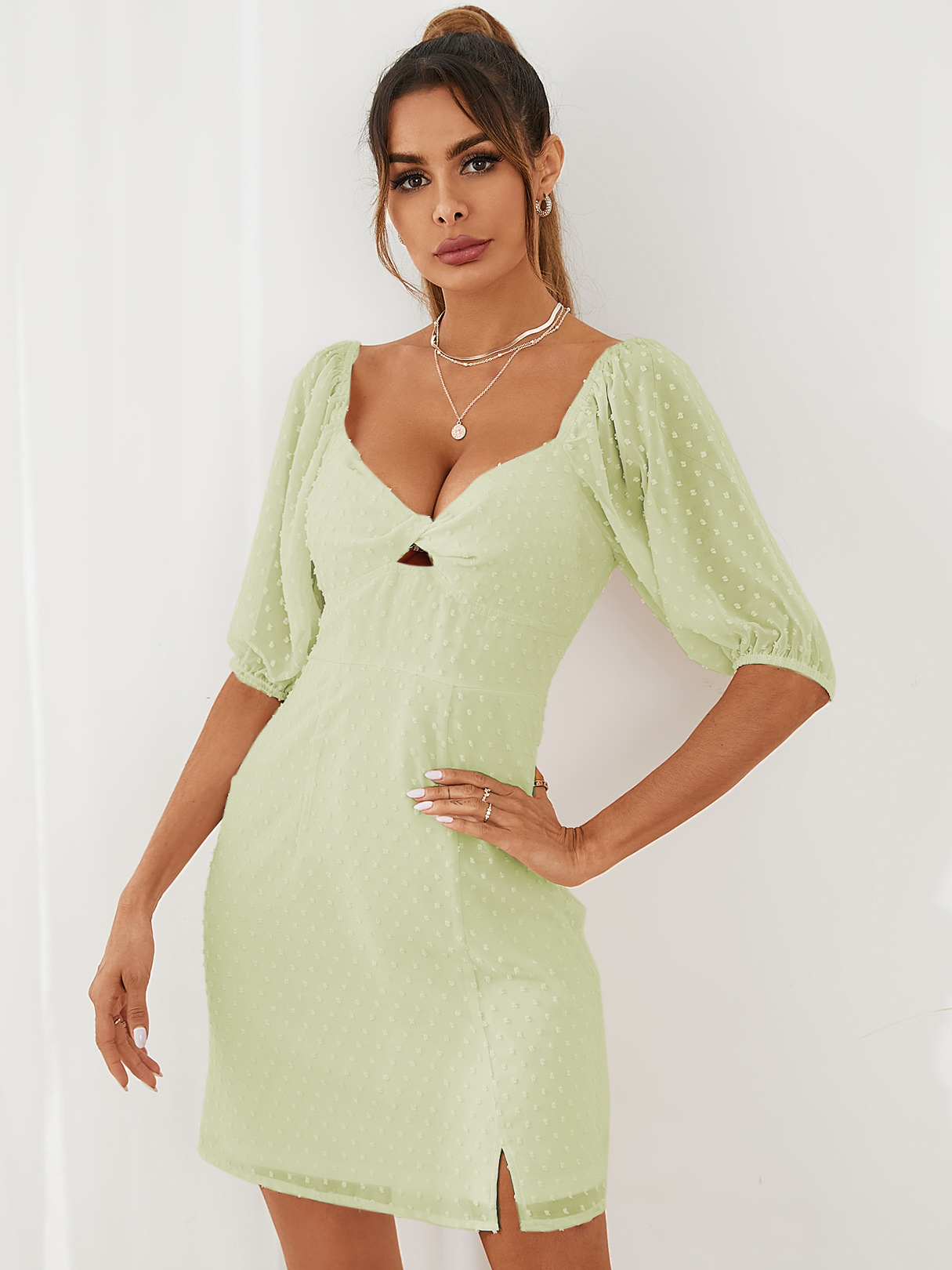 YOINS V-Ausschnitt Twist Half Sleeves Mini Kleid günstig online kaufen