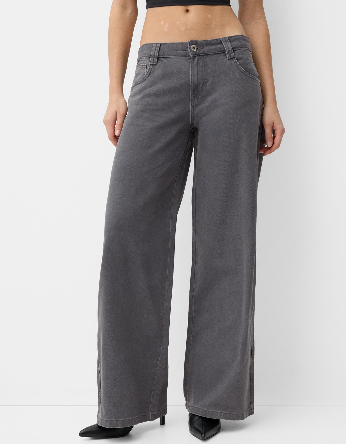 Bershka Straight-Fit-Hose Aus Serge Mit Print Damen 32 Grau günstig online kaufen