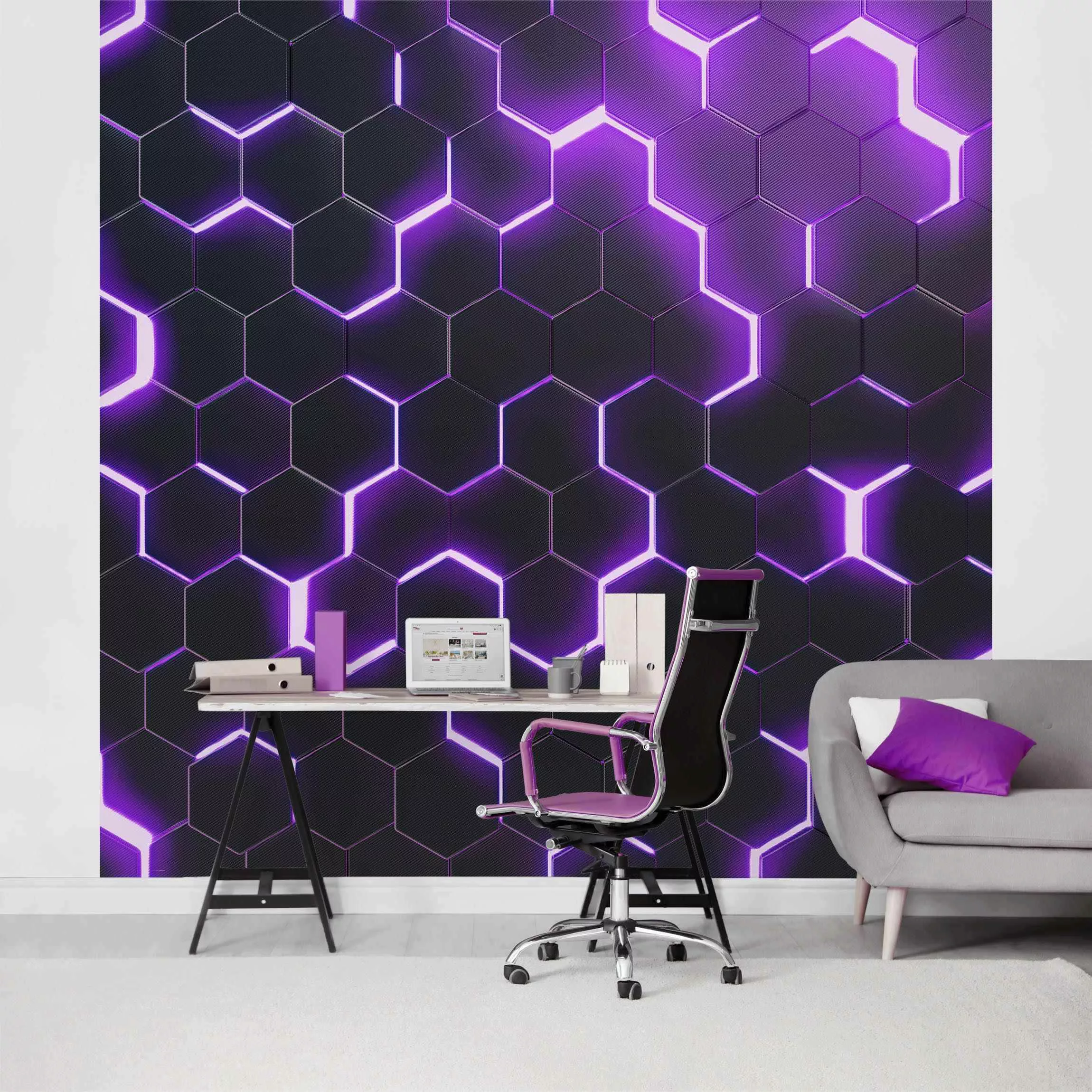 Fototapete Strukturierte Hexagone mit Neonlicht in Lila günstig online kaufen