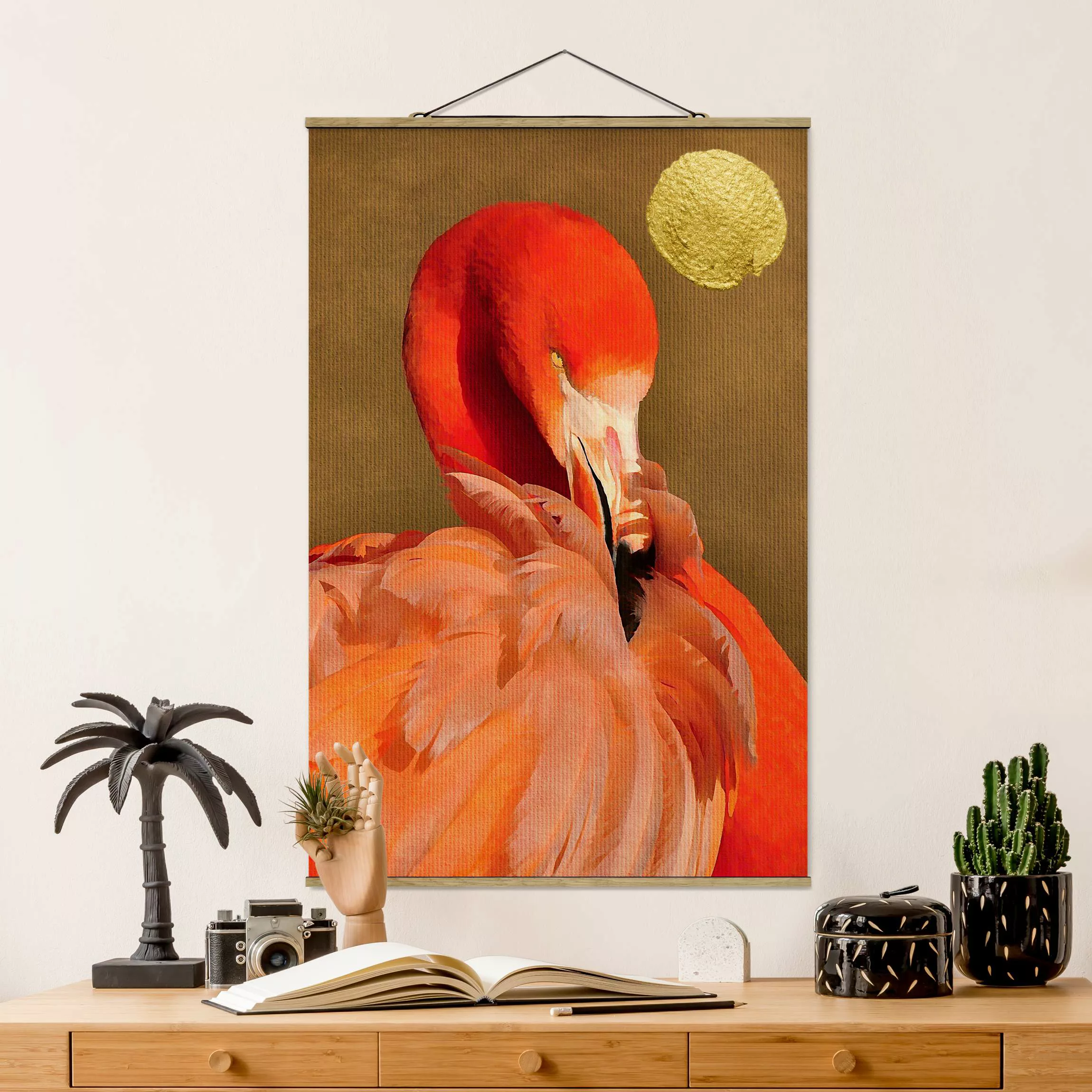 Stoffbild mit Posterleisten Goldener Mond mit Flamingo günstig online kaufen