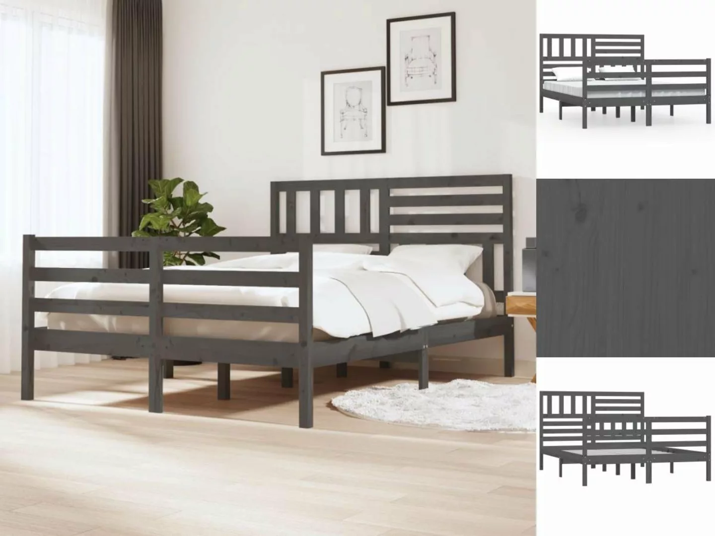 vidaXL Bettgestell Massivholzbett Grau 135x190 cm 4FT6 Double Bett Bettrahm günstig online kaufen
