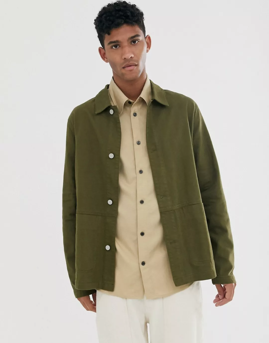 ASOS DESIGN – Arbeitsjacke aus Jeansstoff in Khaki-Grün günstig online kaufen
