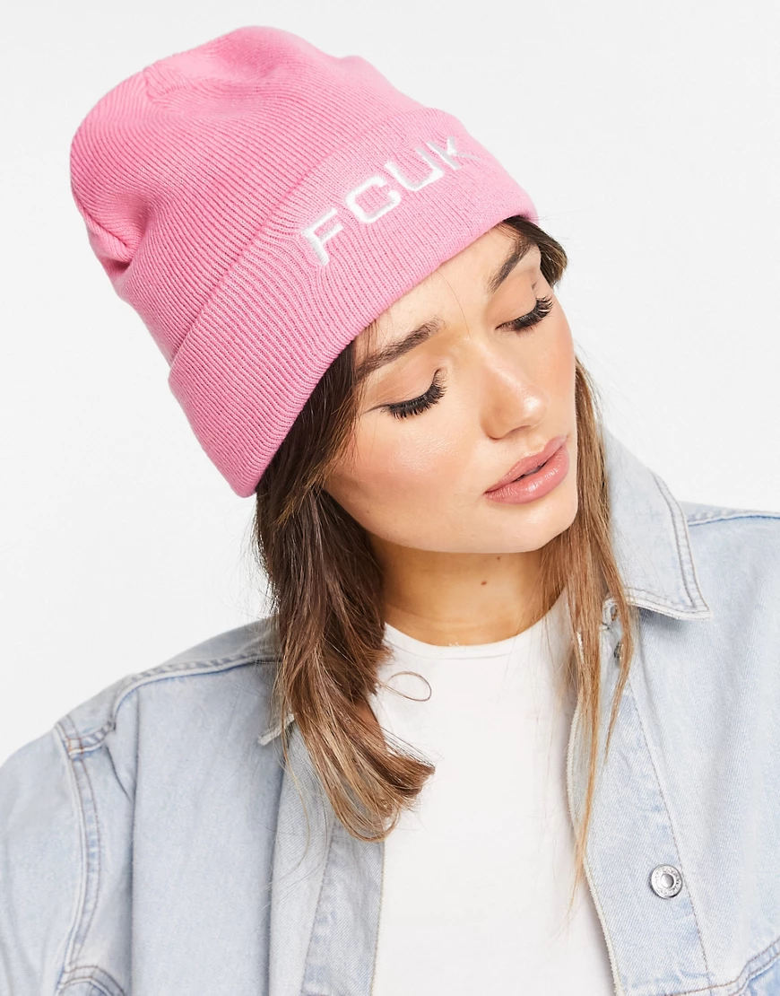 FCUK – Strickmütze in Rosa mit kleinem Logo günstig online kaufen