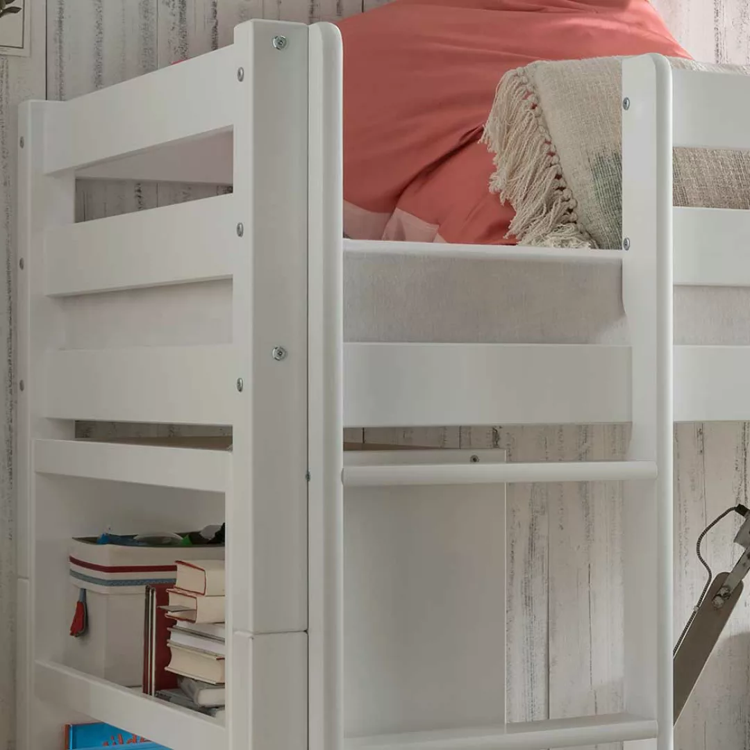 Winkelbett weiß mit Regal aus Buche Massivholz 140 cm hoch (zweiteilig) günstig online kaufen