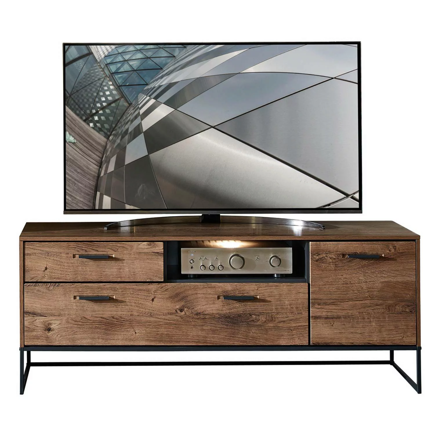 TV-Lowboard im Industrial Design in Haveleiche Cognac mit graphit MINNEAPOL günstig online kaufen