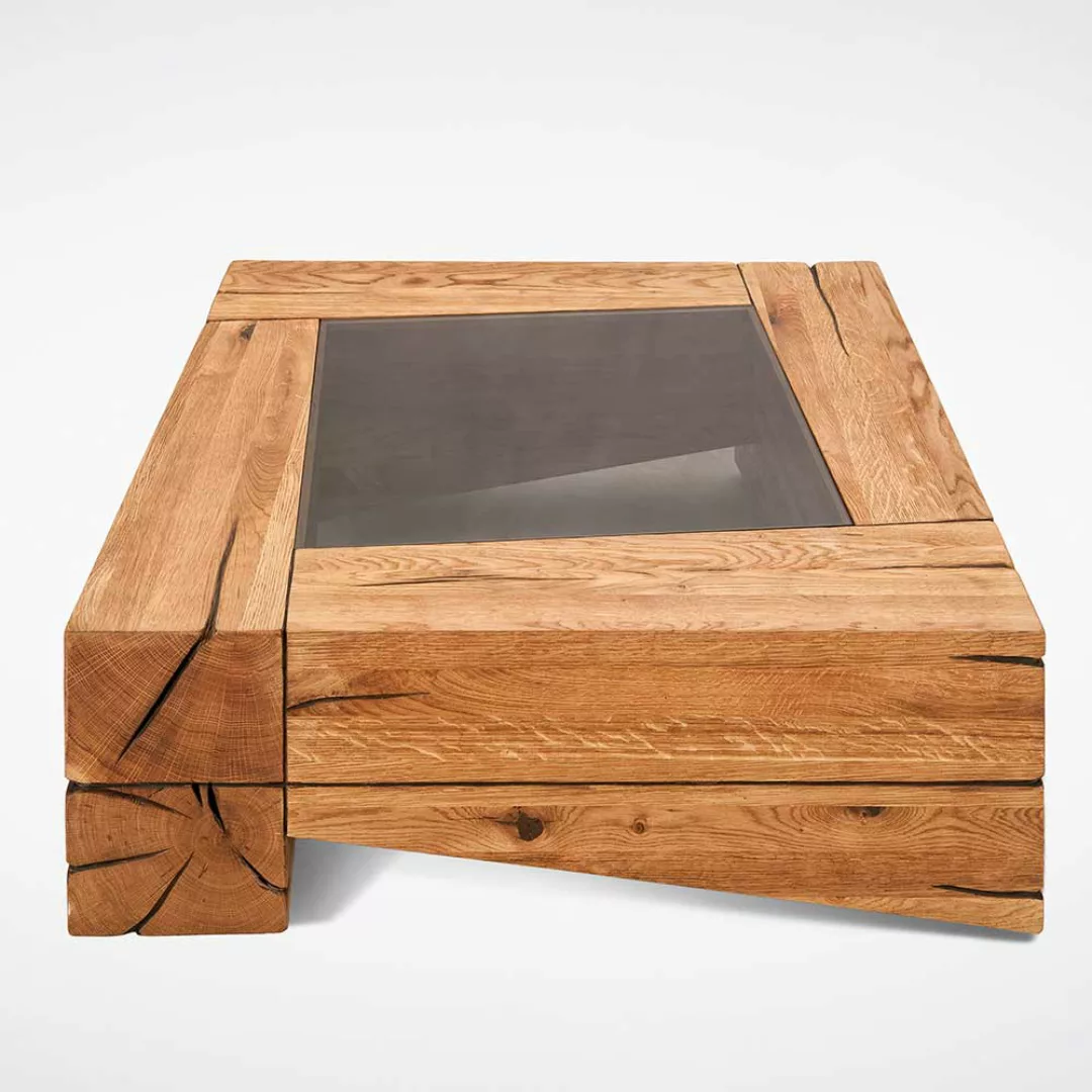 Design Sofatisch aus Asteiche Massivholz eingelassener Glasplatte günstig online kaufen