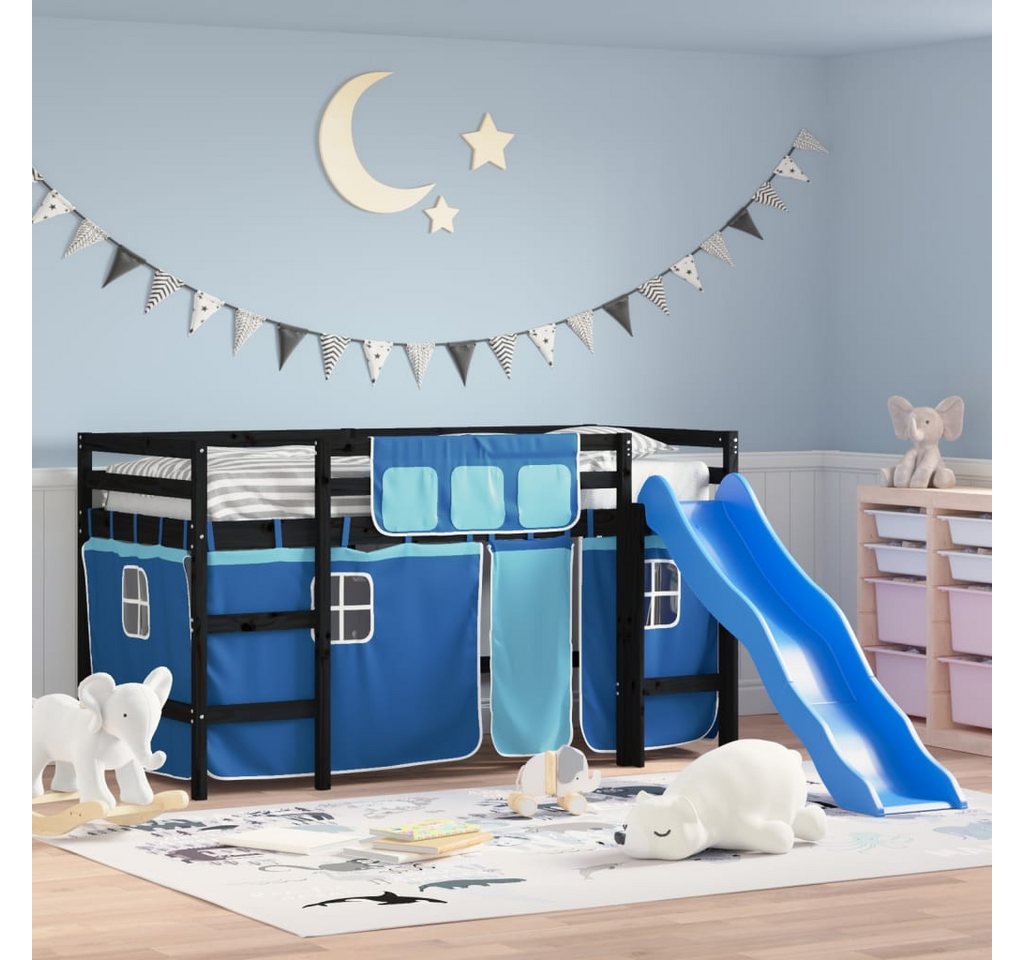 vidaXL Kinderbett Kinderhochbett mit Vorhängen Blau 90x190 cm Massivholz Ki günstig online kaufen