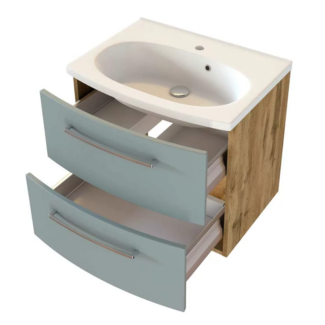 Design Waschtischunterschrank in Graugrün und Wildeiche Optik zwei Schublad günstig online kaufen