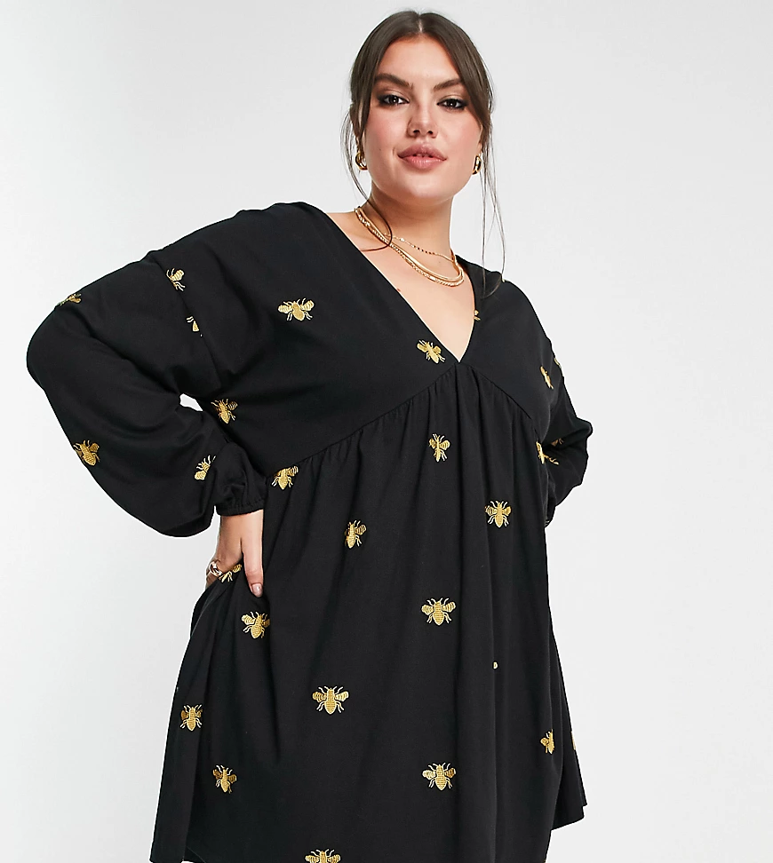 ASOS DESIGN Curve – Kurzes Hängerkleid mit V-Ausschnitt und aufgestickten g günstig online kaufen