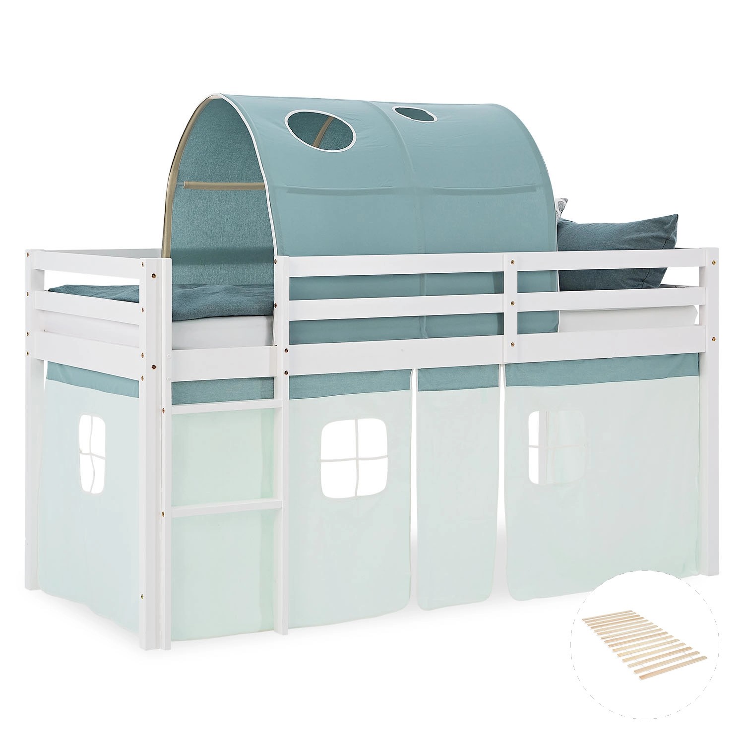 Homestyle4u Kinder Hochbett 90x200 mit Lattenrost Tunnel Vorhang Grün Kinde günstig online kaufen
