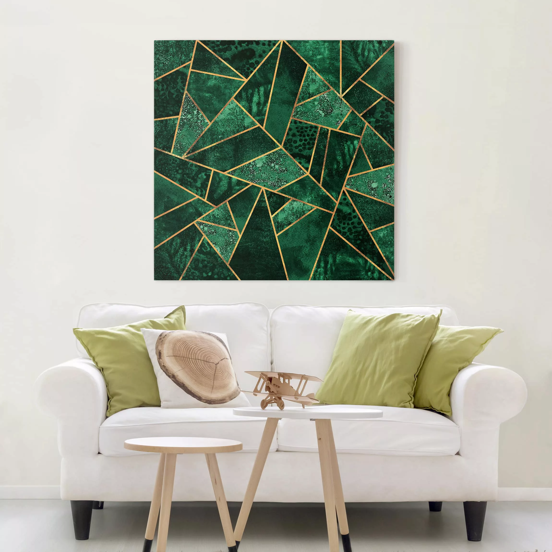 Leinwandbild Abstrakt - Quadrat Dunkler Smaragd mit Gold günstig online kaufen