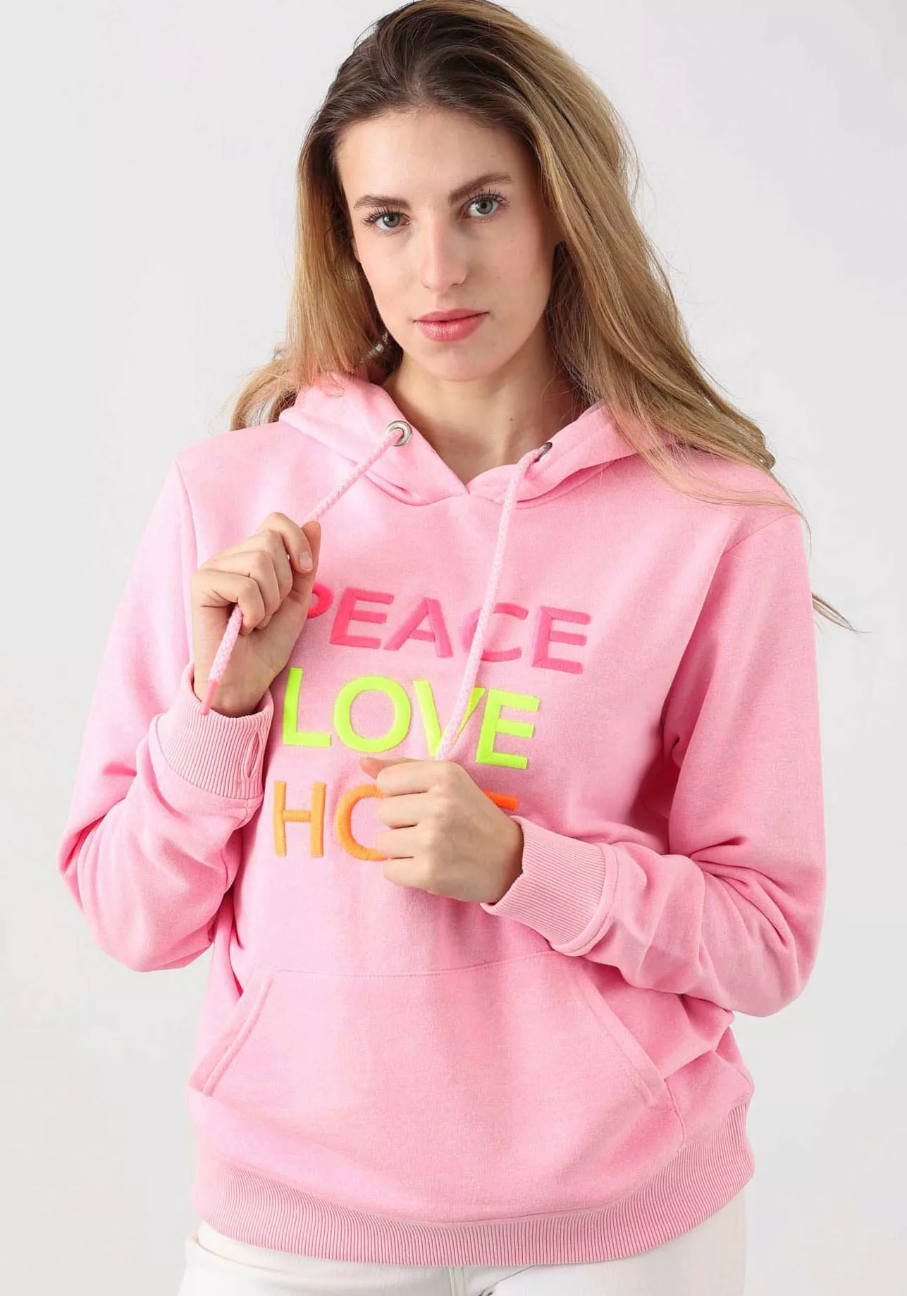 Zwillingsherz Kapuzensweatshirt Patrizia mit Peace-Love-Hope Strickerei günstig online kaufen