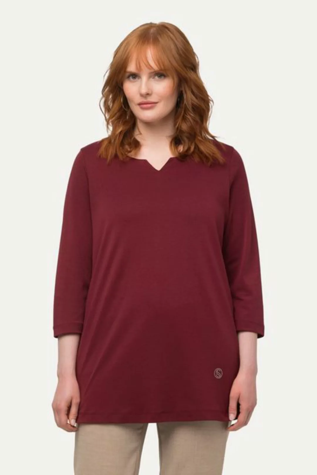 Ulla Popken Rundhalsshirt Shirt Pima Cotton A-Linie V-Ausschnitt 3/4-Arm günstig online kaufen