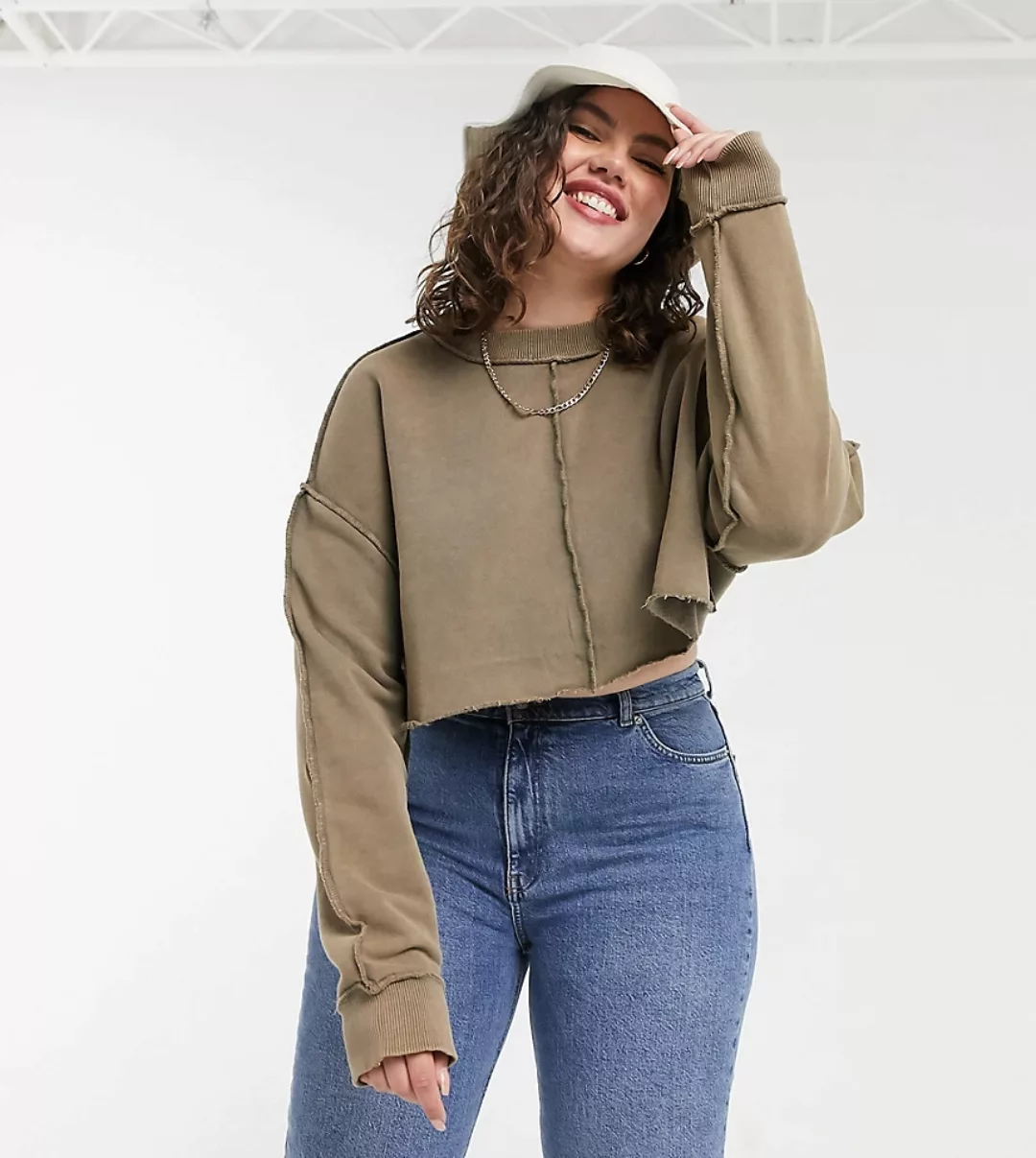 COLLUSION Plus – Exklusives, kurzes Sweatshirt mit Ziernaht-Grau günstig online kaufen