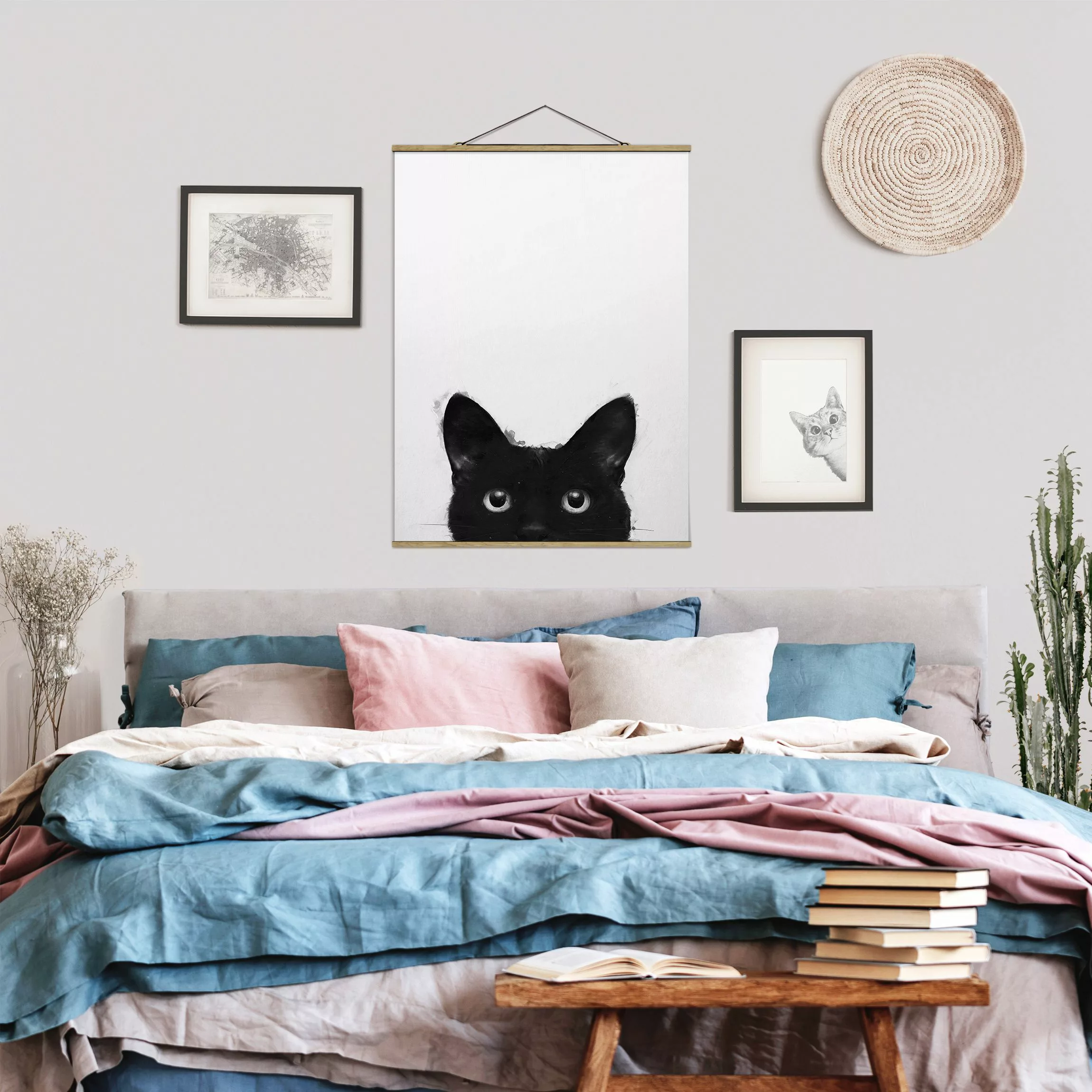 Stoffbild Tiere mit Posterleisten - Hochformat Illustration Schwarze Katze günstig online kaufen