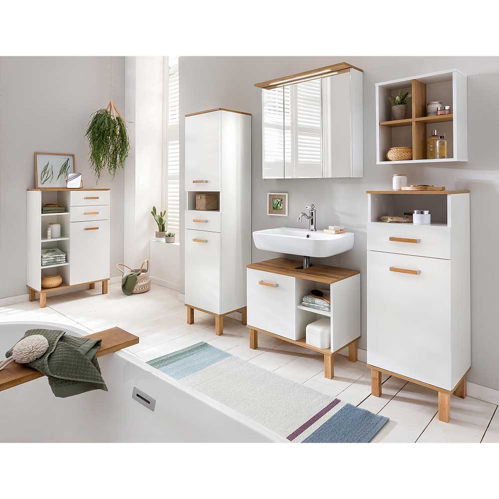 Badezimmermöbel Set weiß im Skandi Design 179 cm hoch (sechsteilig) günstig online kaufen