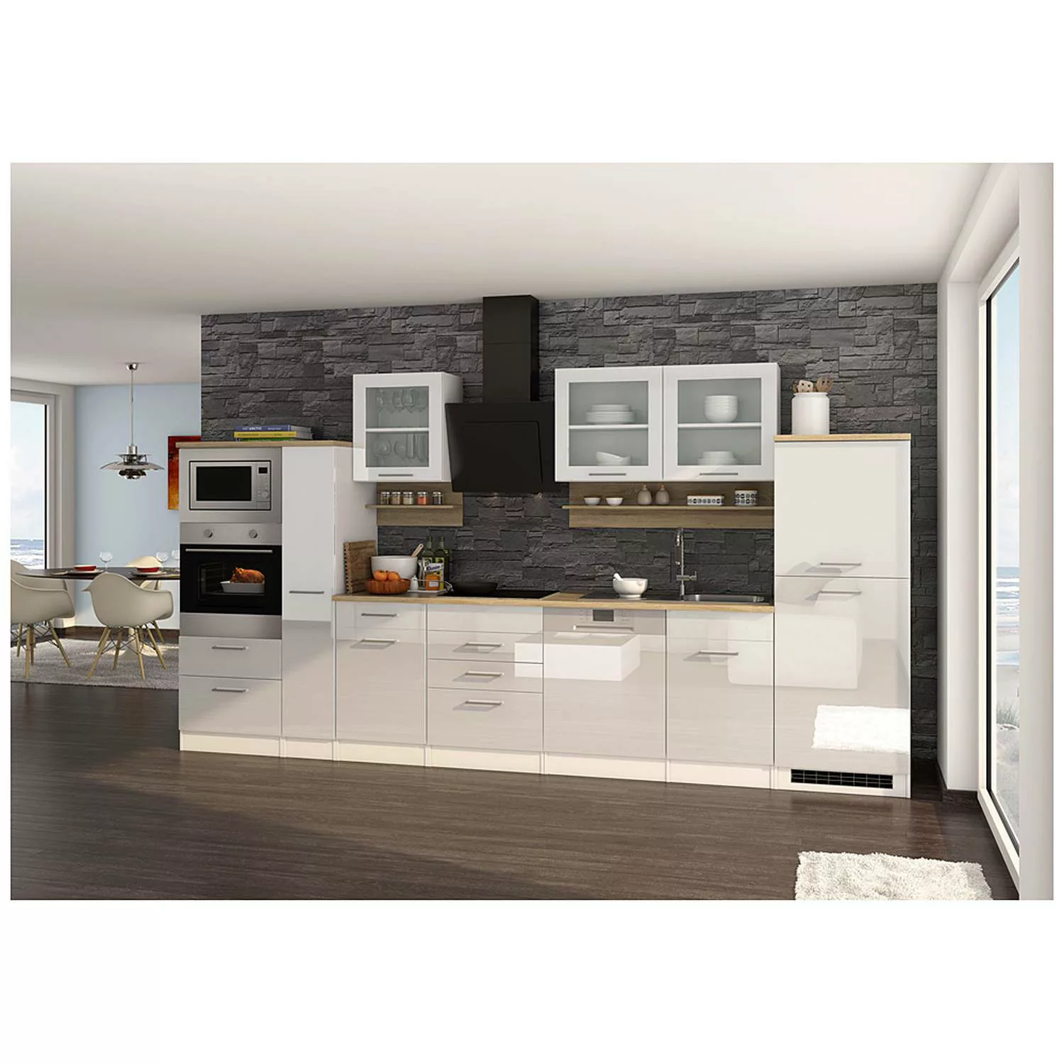 Küchenzeile komplett 370 cm weiß mit Design-Glashaube MARANELLO-03 inkl. E- günstig online kaufen