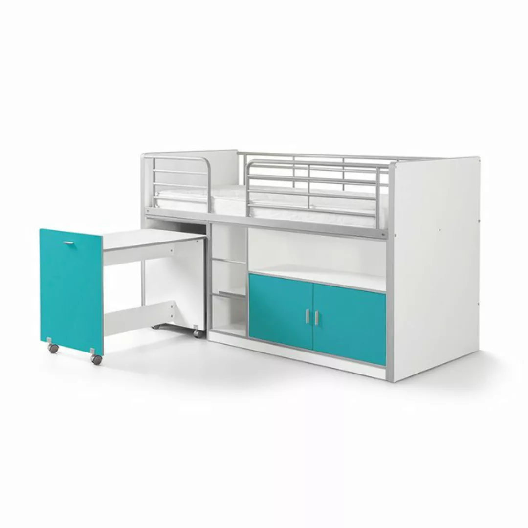 Lomadox Hochbett 90x200cm, mit rollbarem Schreibtisch und Stauraum, weiß/tü günstig online kaufen
