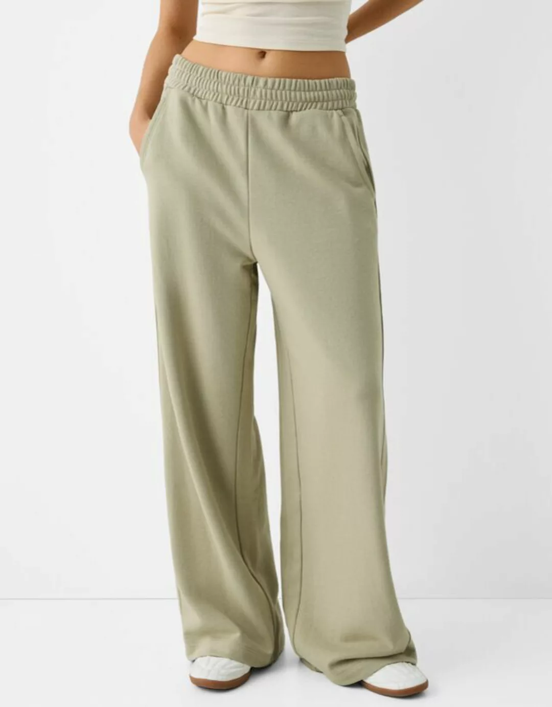 Bershka Wide Leg Plüschhose Damen L Khaki günstig online kaufen