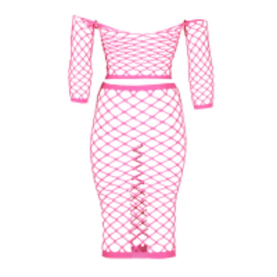 Long Sleeve Crop Top and Long Skirt - Plus Size - Neon Pink günstig online kaufen