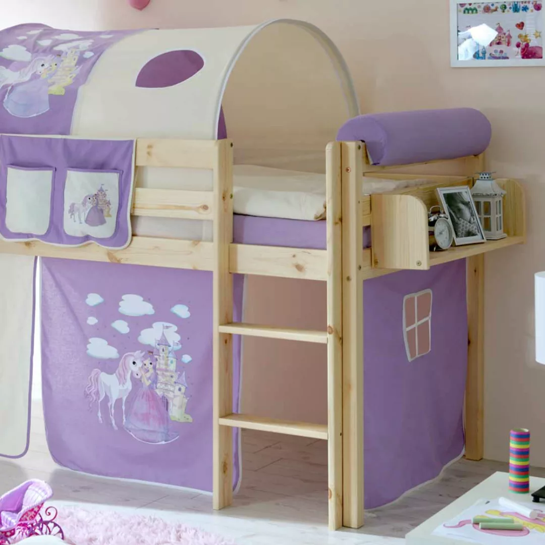 Halbhohes Mädchenbett aus Kiefer Massivholz Rutsche und Turm günstig online kaufen