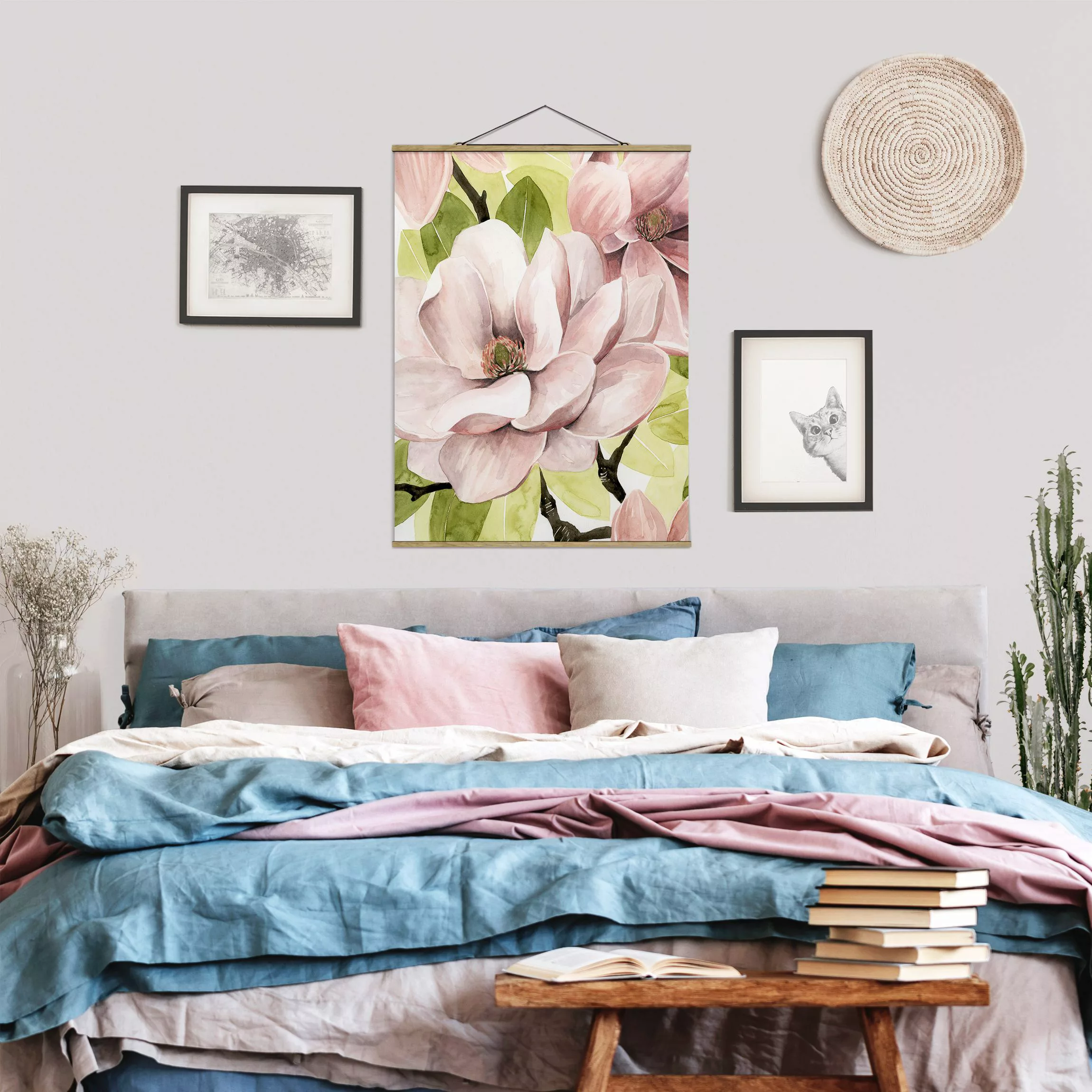 Stoffbild Blumen mit Posterleisten - Hochformat Magnolie errötet I günstig online kaufen