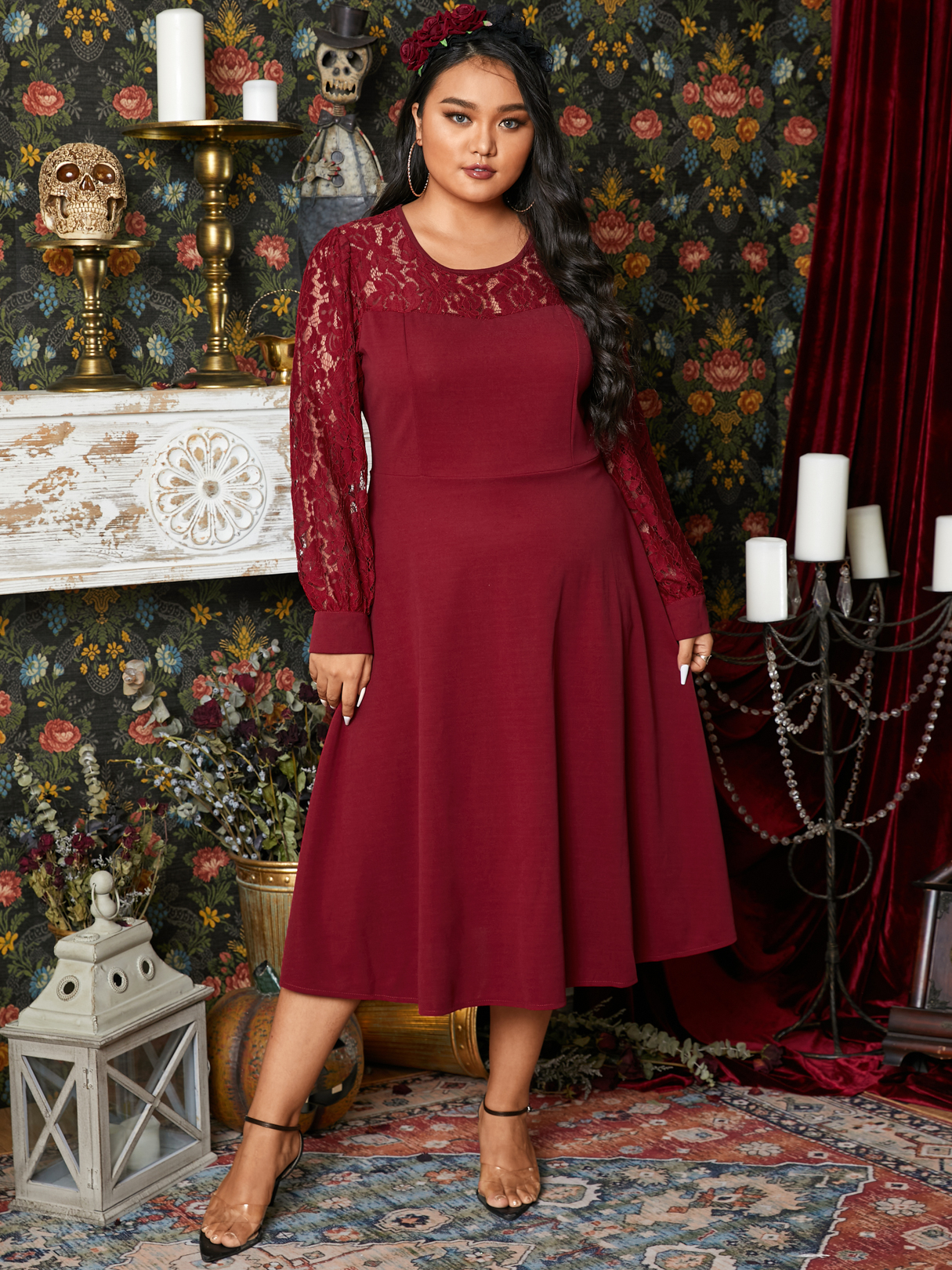 Plus Size Halloween Rundhalsausschnitt Spitze Lange Ärmel Midi Kleid günstig online kaufen