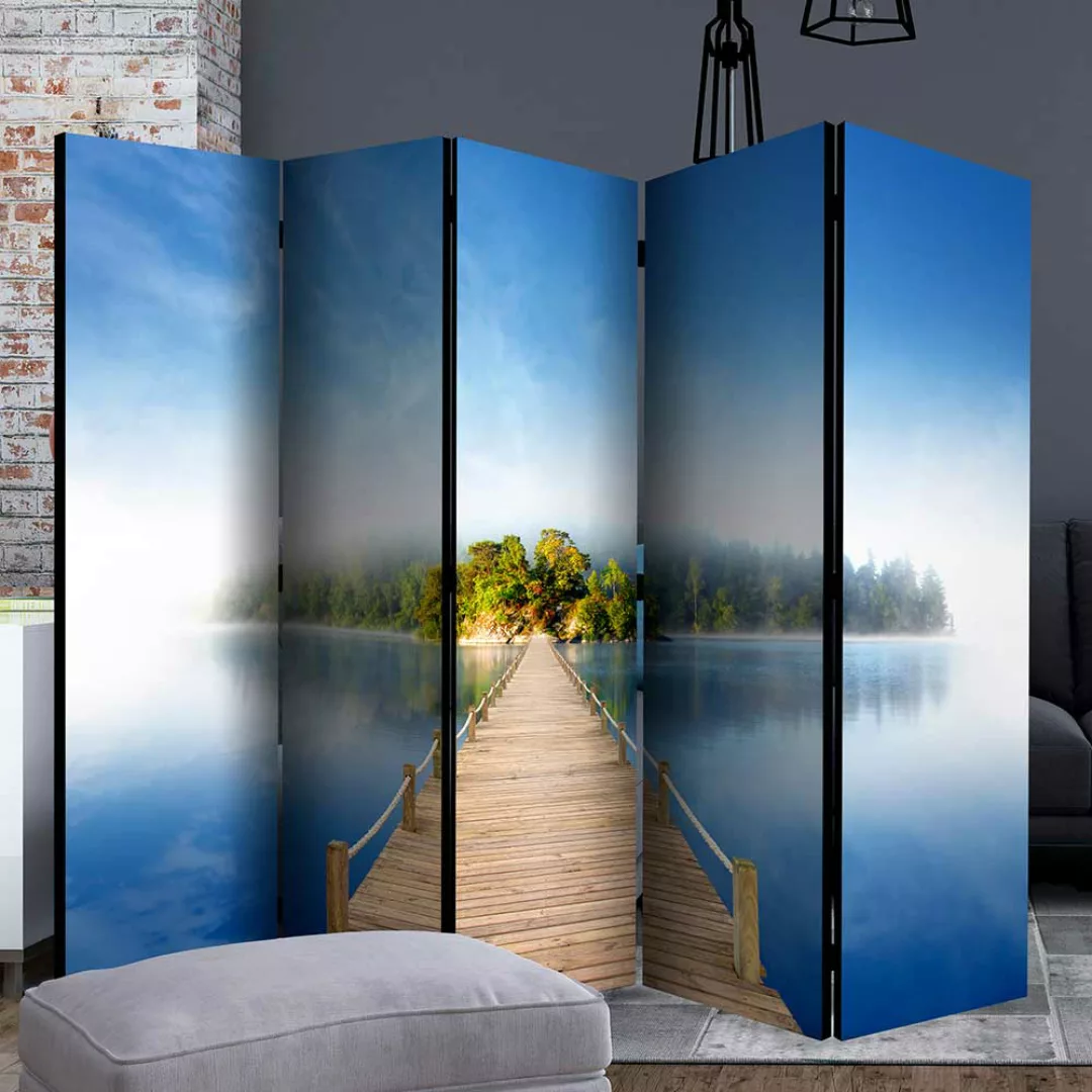 Moderner Raumteiler aus Leinwand und Massivholz Brücke im See Print günstig online kaufen