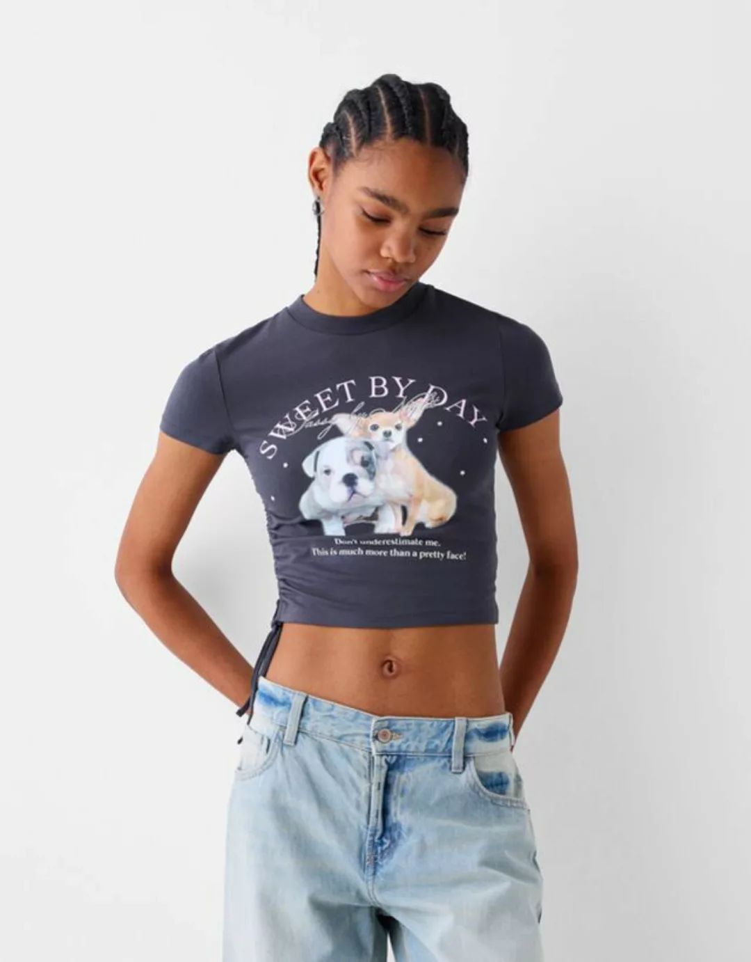 Bershka T-Shirt Mit Print Damen M Grau günstig online kaufen