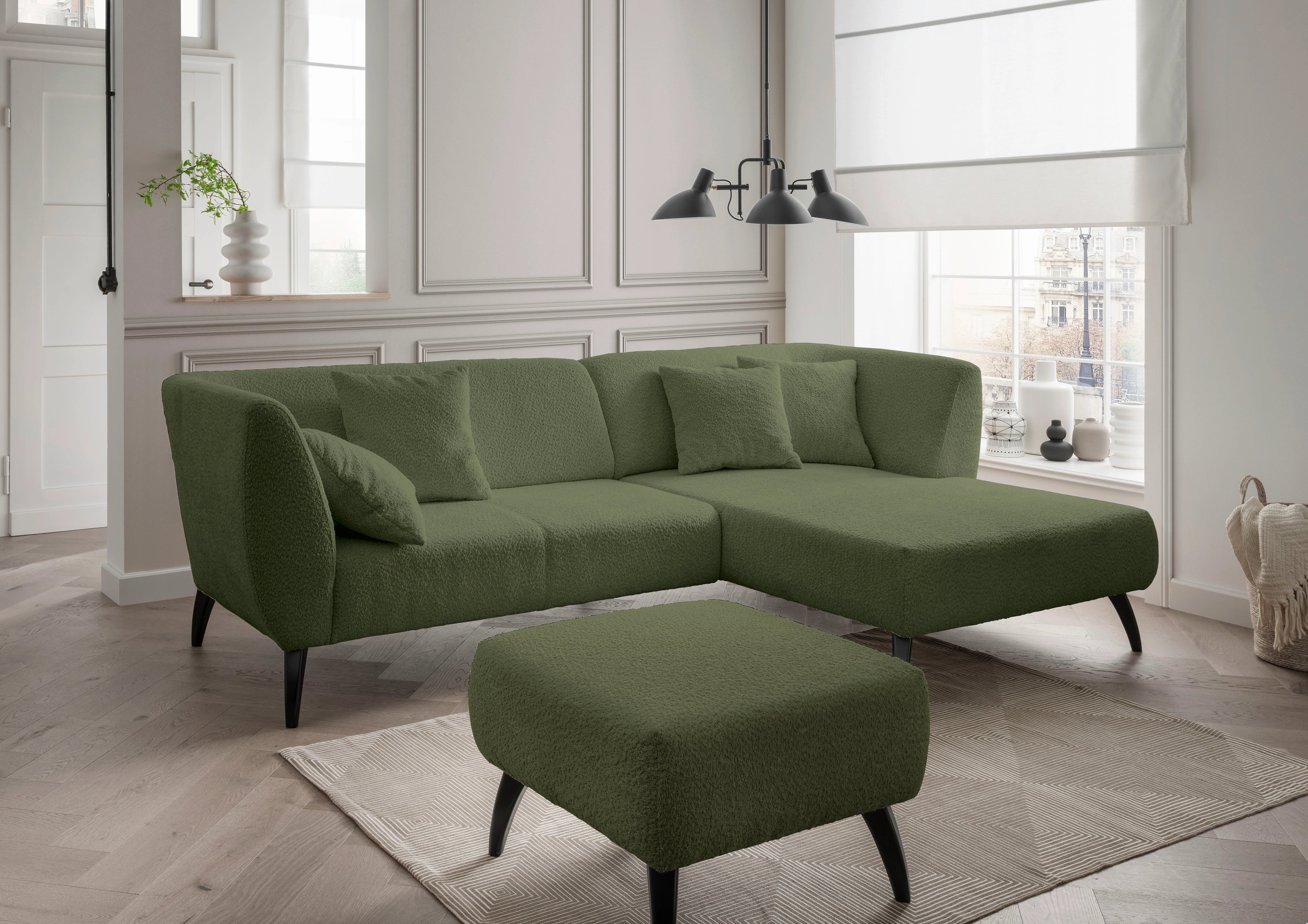 INOSIGN Ecksofa "Colori L-Form", Holzfußfarbe wählbar, inkl. 4x Zierkissen, günstig online kaufen