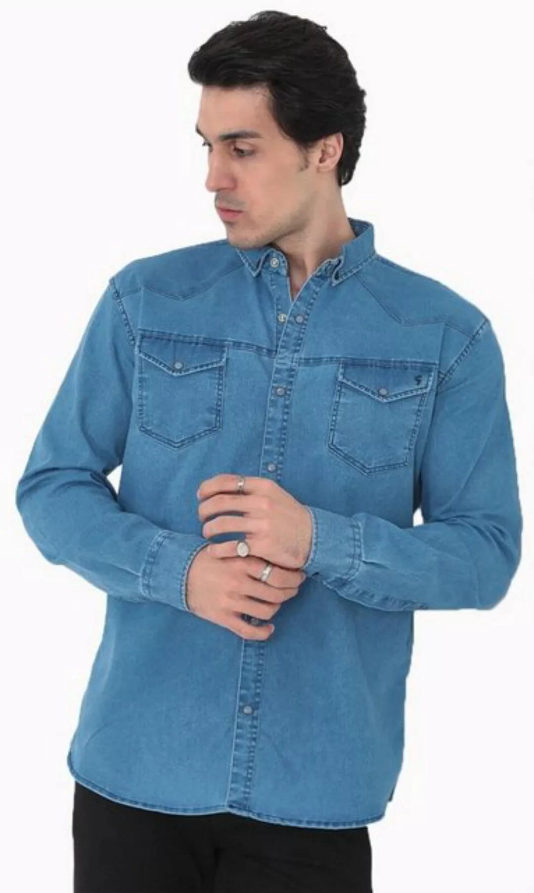 Megaman Jeans Langarmhemd Modernes Freizeit Jeanshemd Unifarben Premium Sli günstig online kaufen