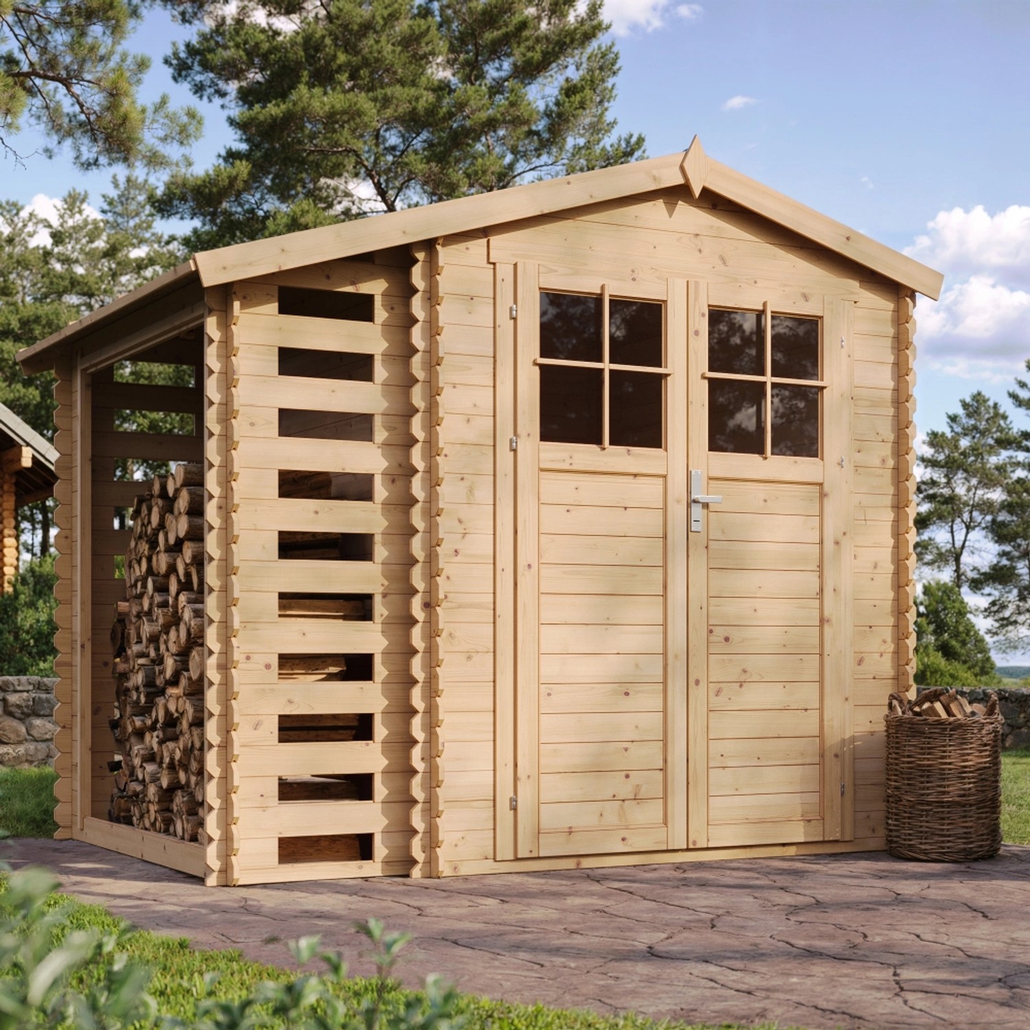 Timbela Holz-Gartenhaus mit Brennholzregal M386F 4,5 m² ohne Boden günstig online kaufen