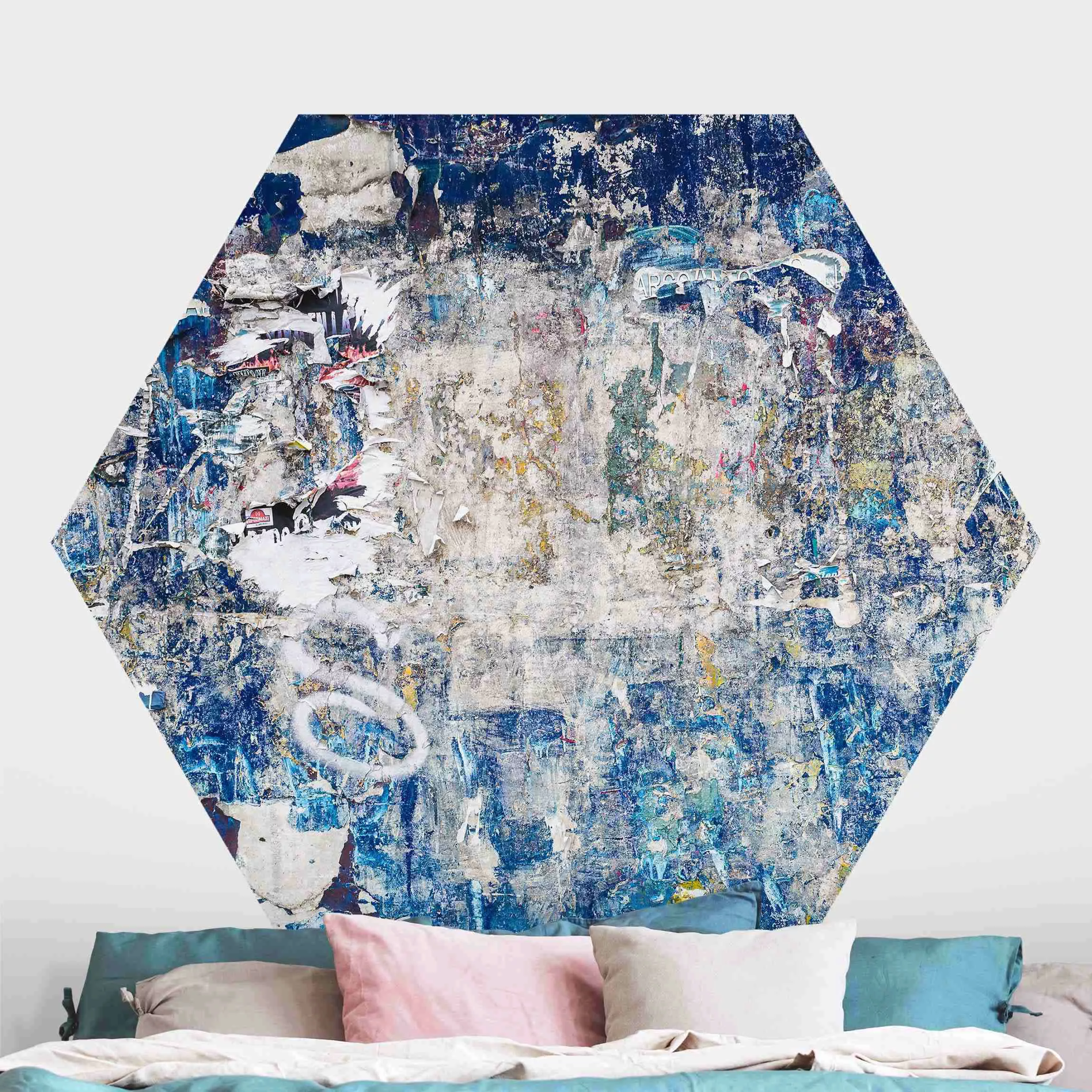 Hexagon Mustertapete selbstklebend Shabby Wand in Blau günstig online kaufen