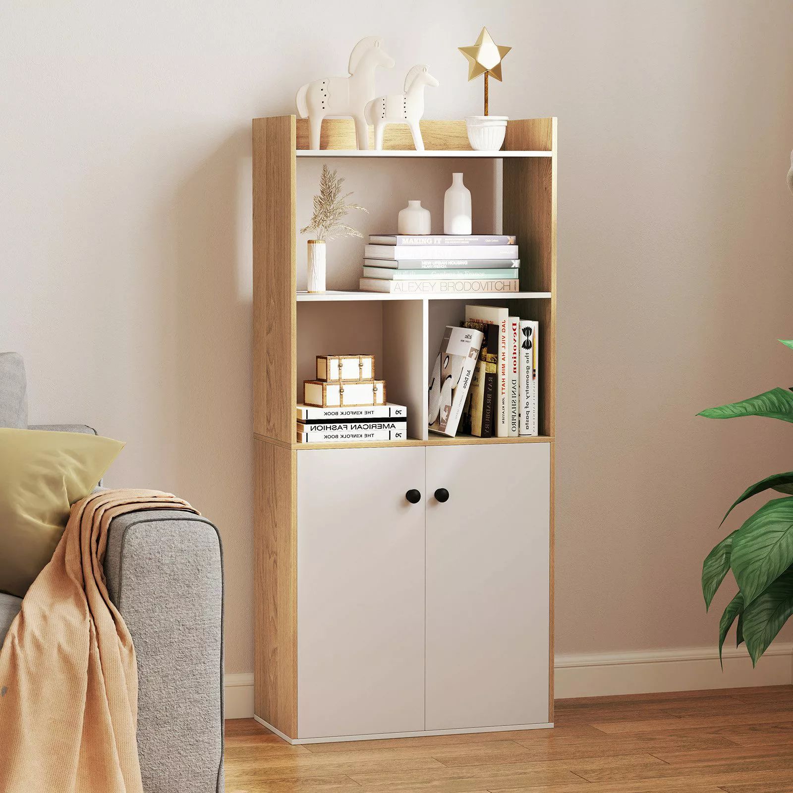 COSTWAY Bücherregal, mit Doppeltürschrank & Regal, günstig online kaufen