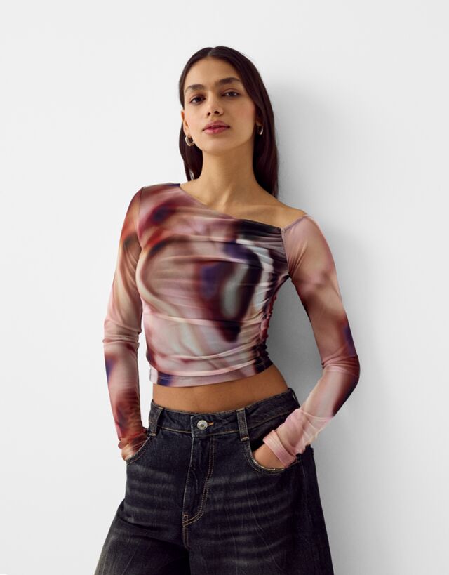 Bershka Langarmshirt Aus Tüll Mit Print Damen S Rosa günstig online kaufen