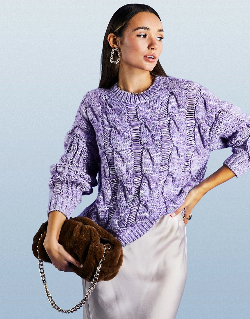 ASOS DESIGN – Strickpullover mit grobem Zopfmuster in Lila meliert-Violett günstig online kaufen