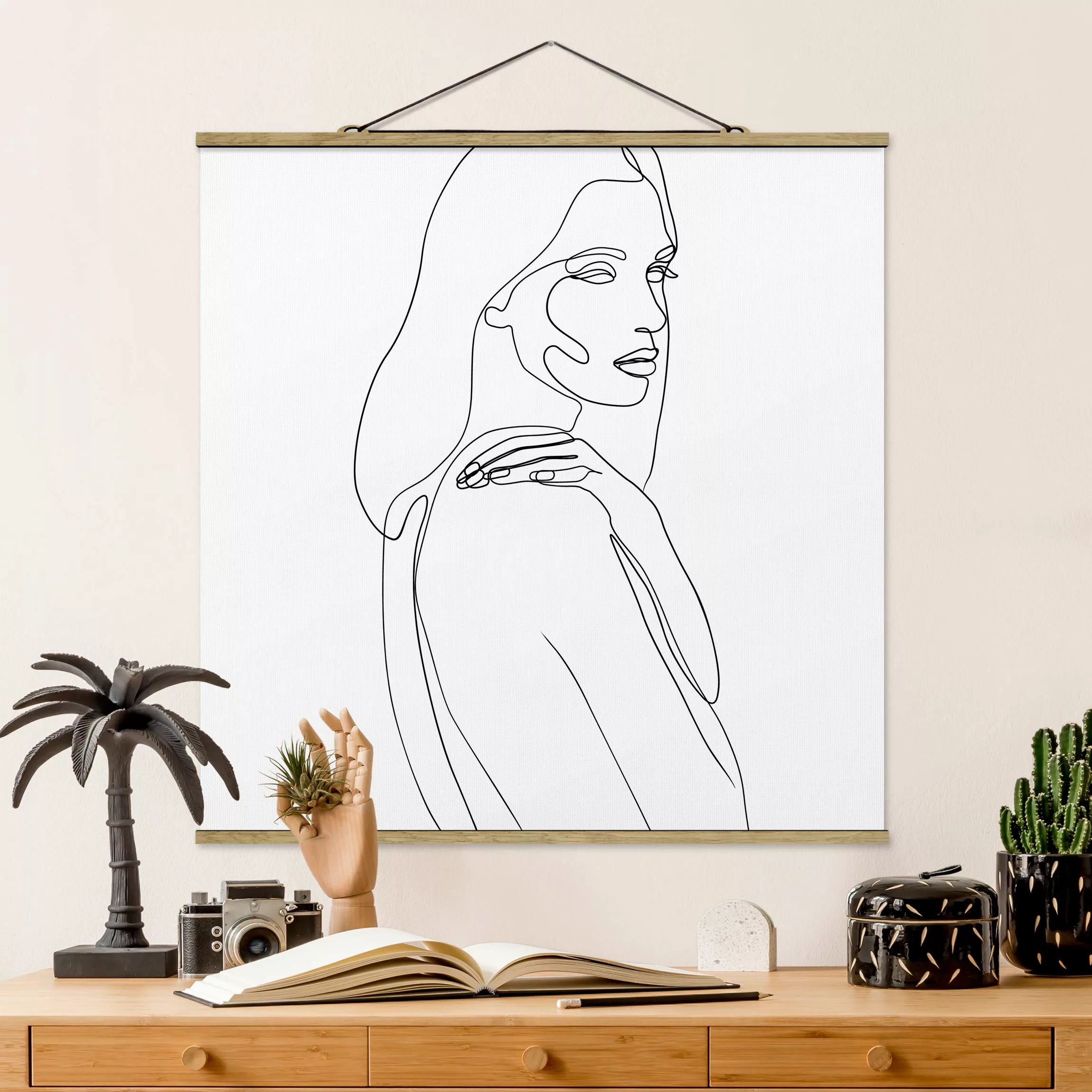 Stoffbild Abstrakt mit Posterleisten - Quadrat Line Art Frau Schulter Schwa günstig online kaufen