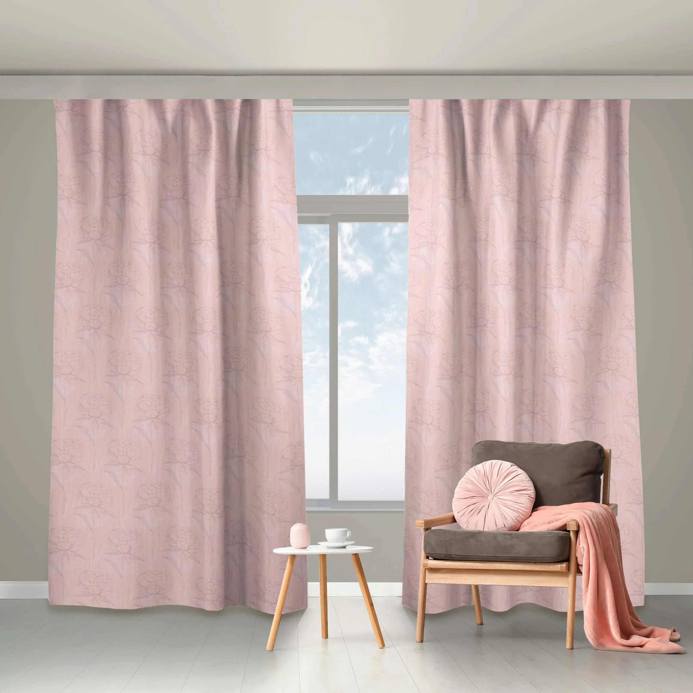 Vorhang Pfingstrosen Muster - Blasses Pink günstig online kaufen