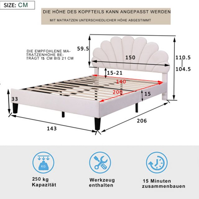 XDeer Polsterbett Polsterbett Doppelbett,Bettrahmen mit blumenförmigem Kopf günstig online kaufen