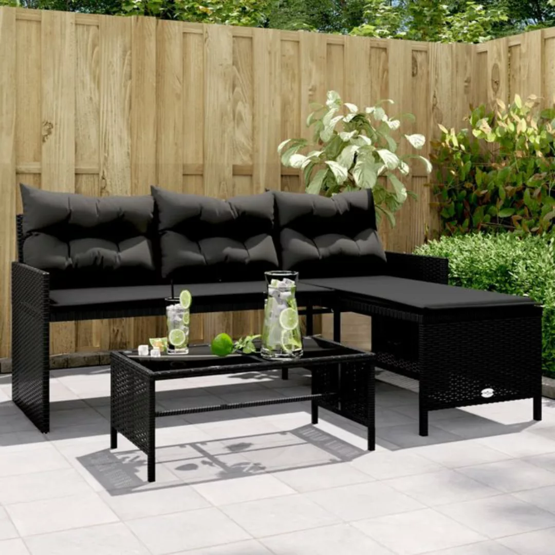 vidaXL Loungesofa Gartensofa in L-Form mit Tisch und Kissen Schwarz Poly Ra günstig online kaufen